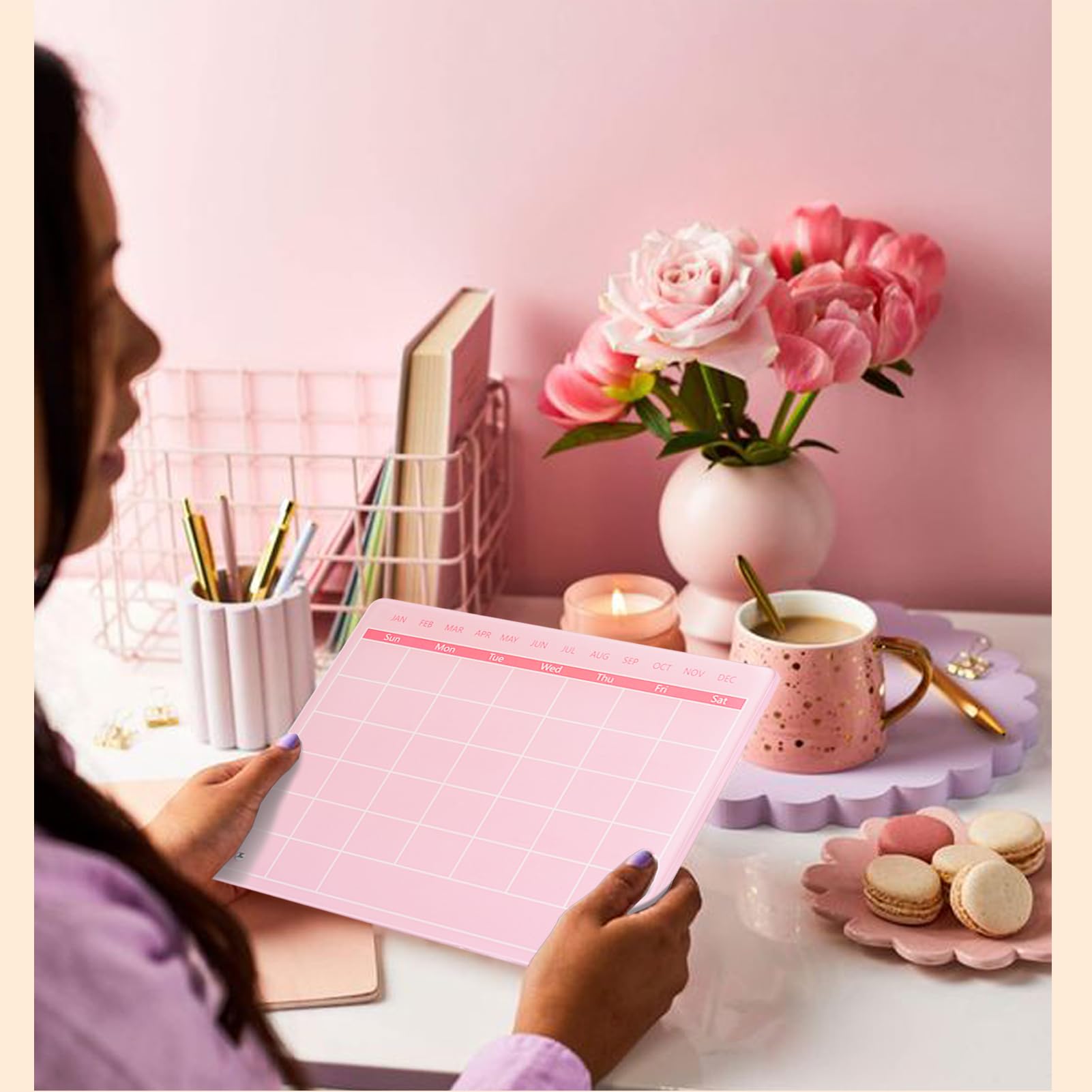 Marribol Calendar Dry Erase Board,30cmx25cm,Acrylic Desk Calendar with Stand,Dry Erase Calendar for Desk,Pink Dry Erase Board for Home Office School