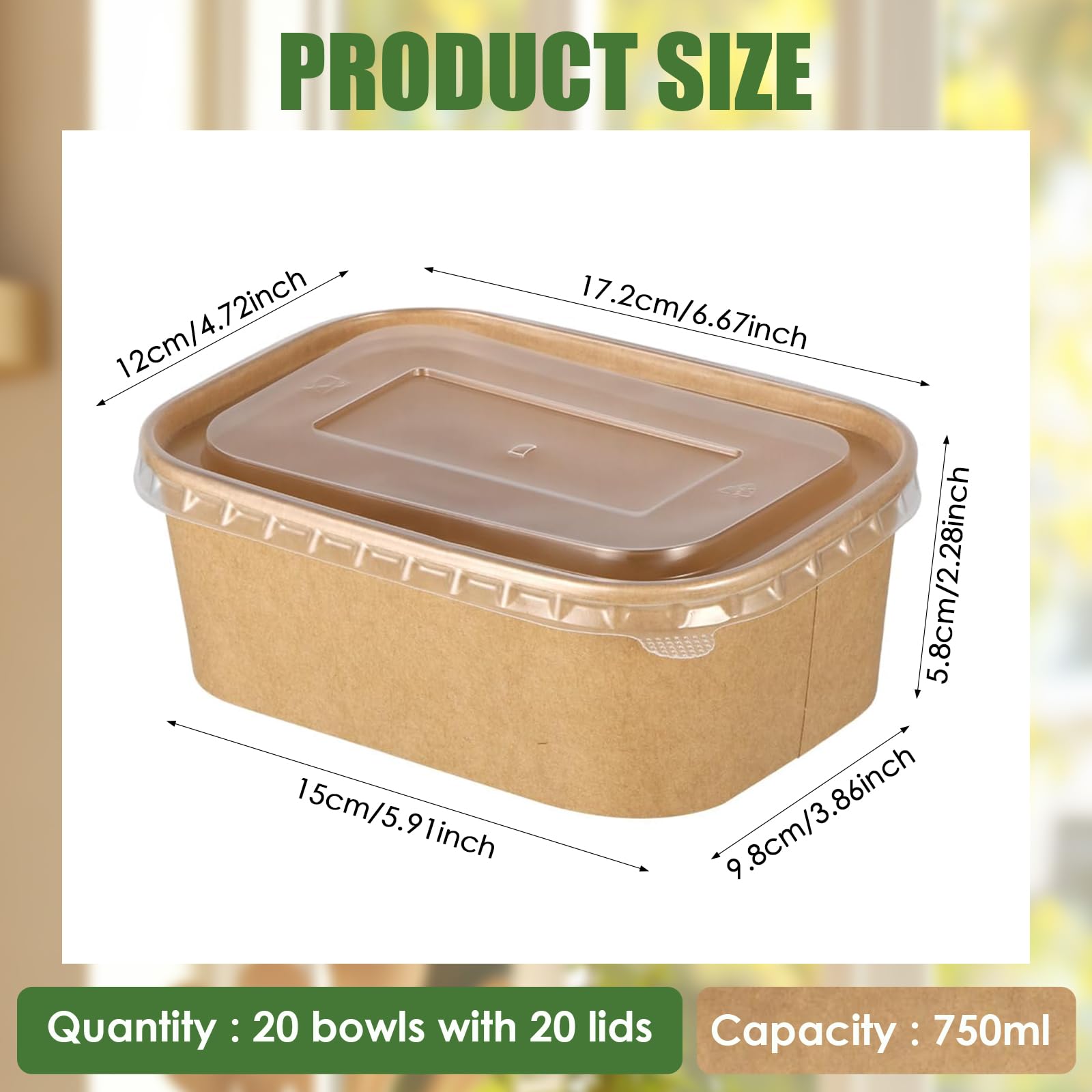 NAA BLUEKIWI 20 Pack 750ML Kraft Disposable Paper Bowls with Lid Eco Friendly Rectangle Food Container BPA Free Lunch Boxes for Hot or Cold Dish Take Outs To-Go