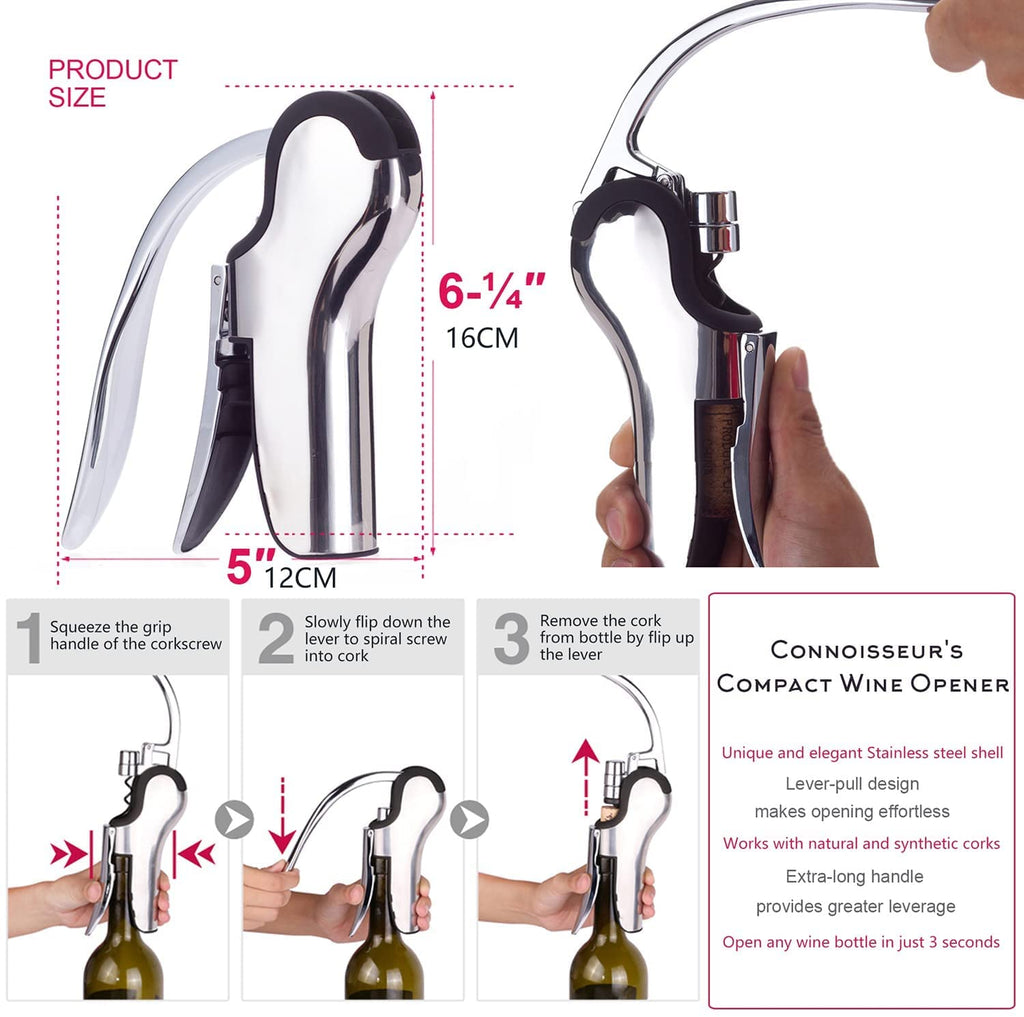 KAYCROWN Stainless Steel Wine Bottle Opener, Vertical Lever Corkscrew with Built in Foil Cutter, Manual Handheld Corkscrew with Ergonomic Lever Pump