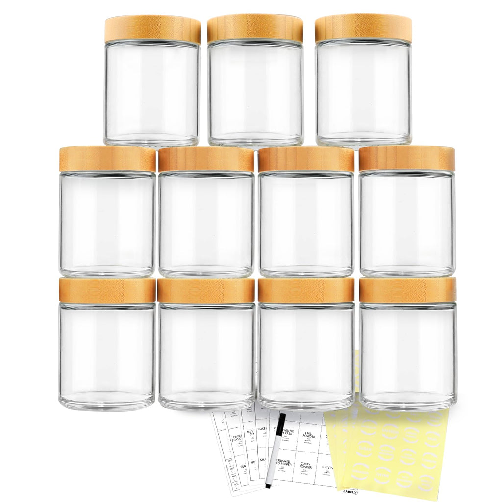AISIPRIN 12-Piece 8oz Glass Jars with Bamboo Lids, Multi-Purpose Spice & Canning Jars, Includes 210 Labels and Marker