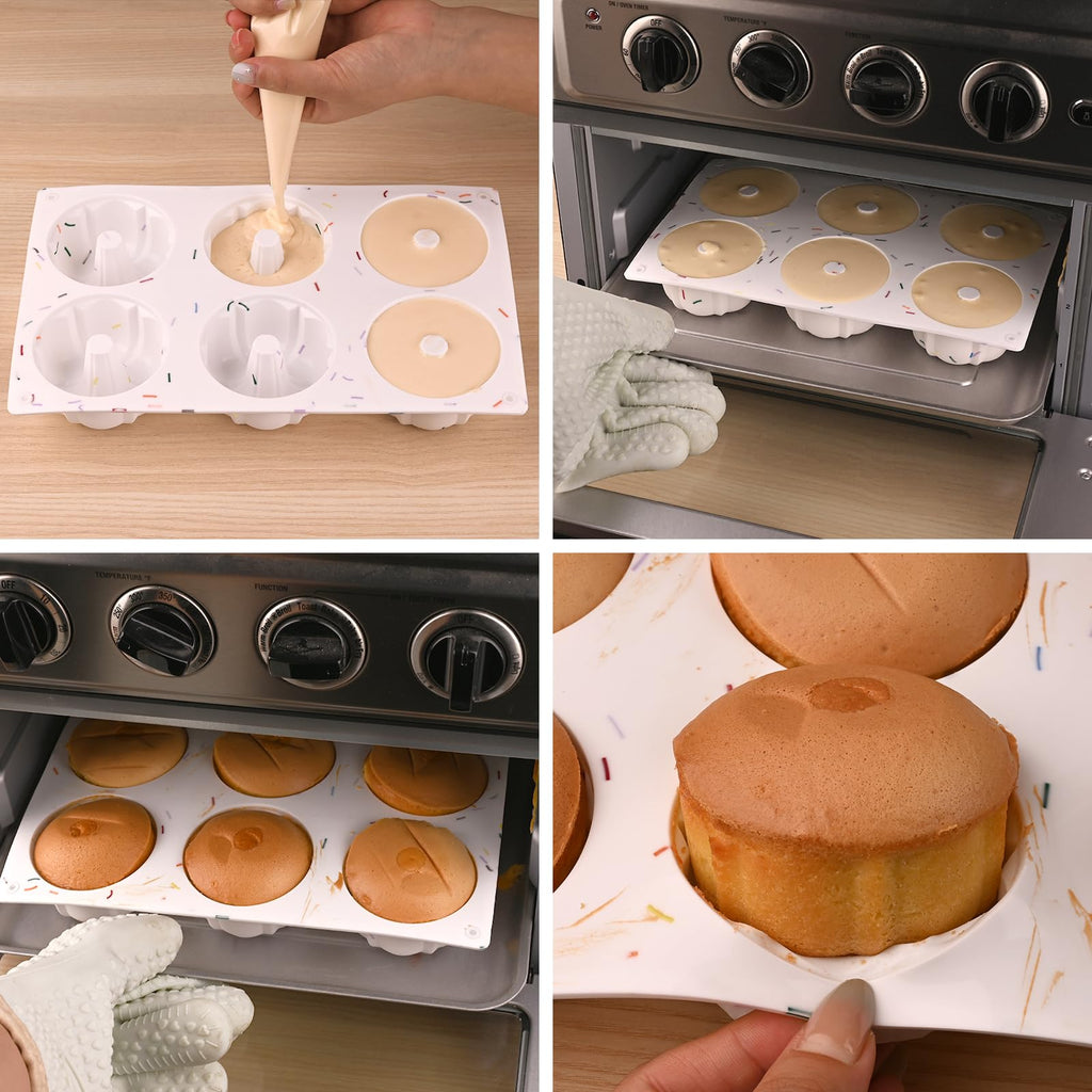 HUAKENER 2 Pcs Mini Fluted Cake Pan, 6-Cavity Fluted Tube Cake Pan, Non-stick Silicone Baking Mold for Cupcakes, Donuts, Muffins, Cornbread, Brownies, Jellies