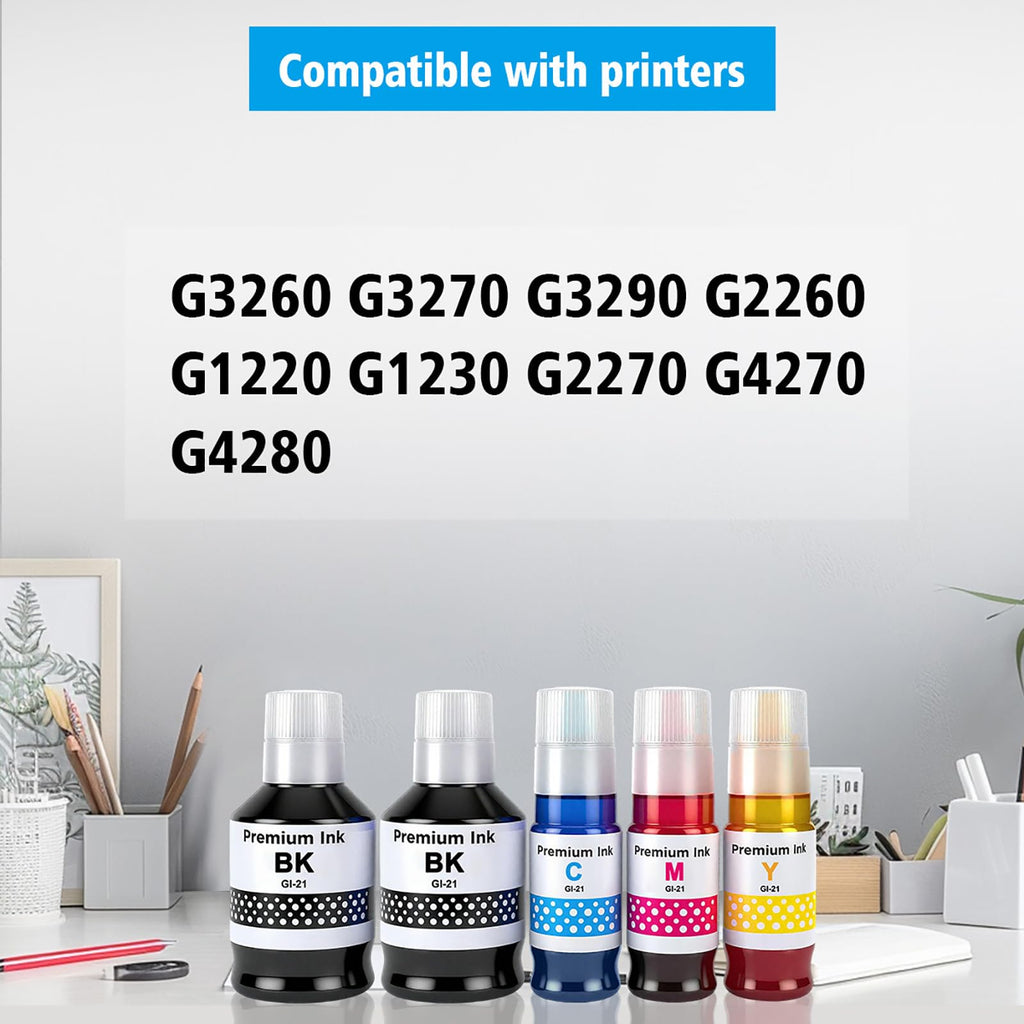 TONTINTA GI-21 GI21 G3270 G3290 Compatible Ink Bottles 5 Pack Multipack High Capacity for Canon G3260 G2260 G1220 G1230 G2270 G4270 G4280 Printers 170ml Black Ink Refill 70ml C/M/Y Ink Refill