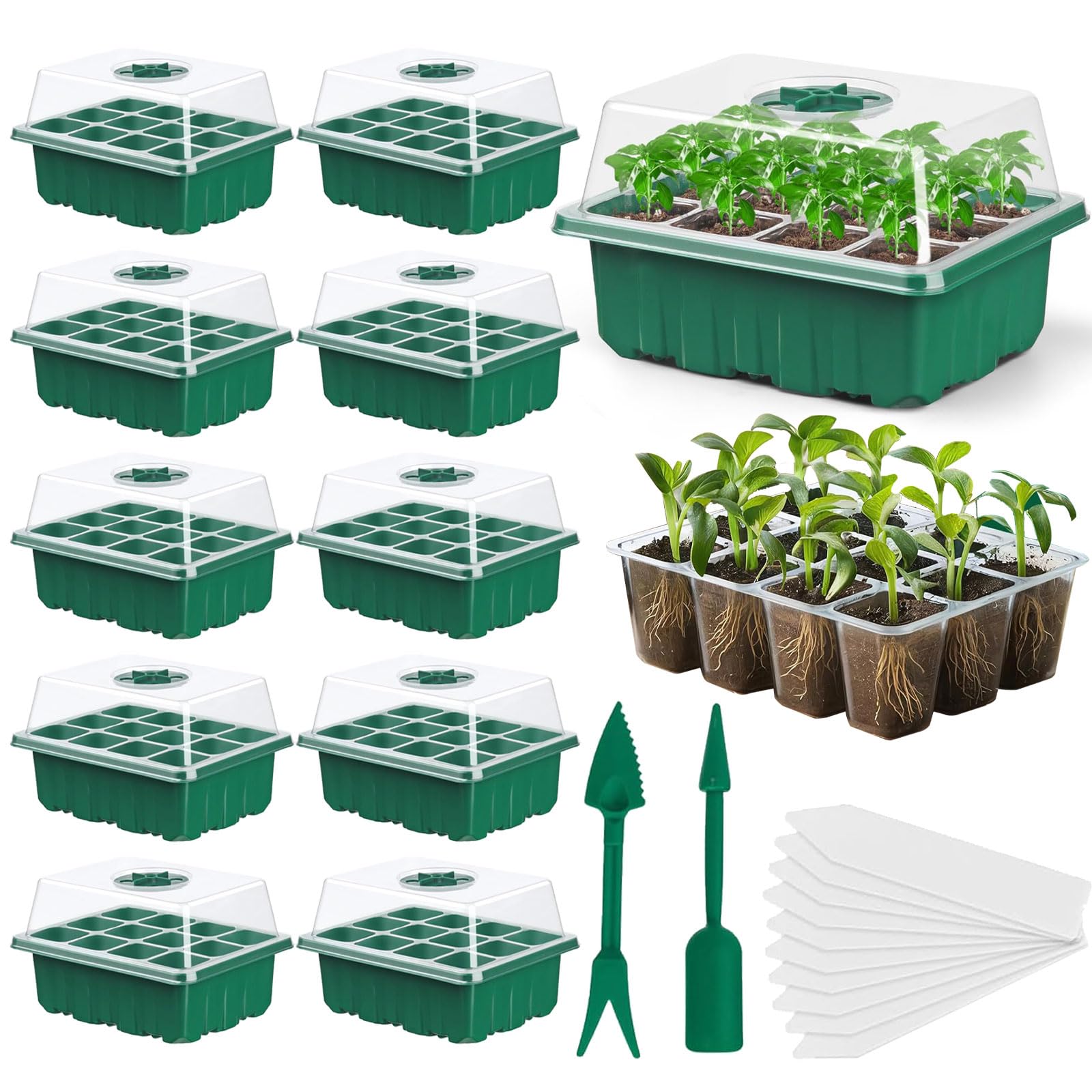 Seed Starter Trays, 10-Pack Plant Germination Trays Greenhouse Grow Kit with Humidity Vented Domes and Base for Seeds' Starting (Total 120 Cells)