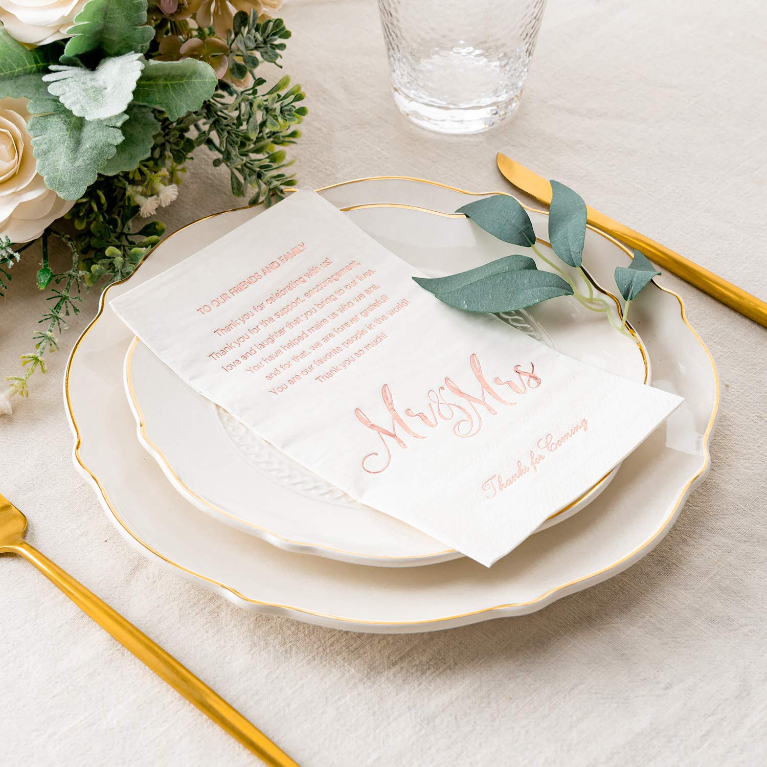 Crisky Rose Gold Mr & Mrs Dinner Napkins Wedding Dinner Napkins Replace Thank You Card Disposable Decorative Towels for Wedding Shower Banquet Rehearsal Dinner Decorations,50 Pcs, 3-ply, 12"x16"