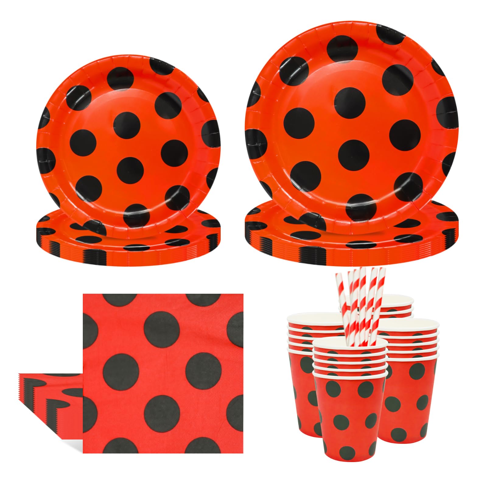 SKTMH 100 Pcs Ladybug Tableware: Red & Black Polka Dot Plates, Napkins, Cups & Straws - Ladybug Birthday Party Decorations