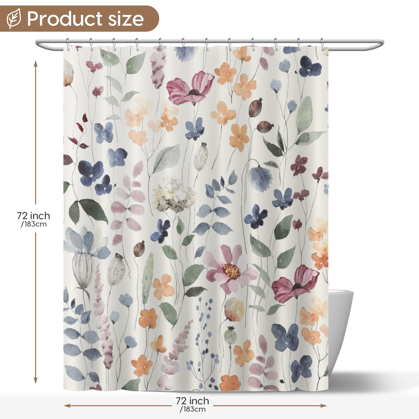 Amaredom Ink Floral Shower Curtain, Colorful Flower Shower Curtain for Bathroom, Waterproof Fabric Shower Curtain Set, Bathroom Decoration with 12 Hooks 72x72 Inches