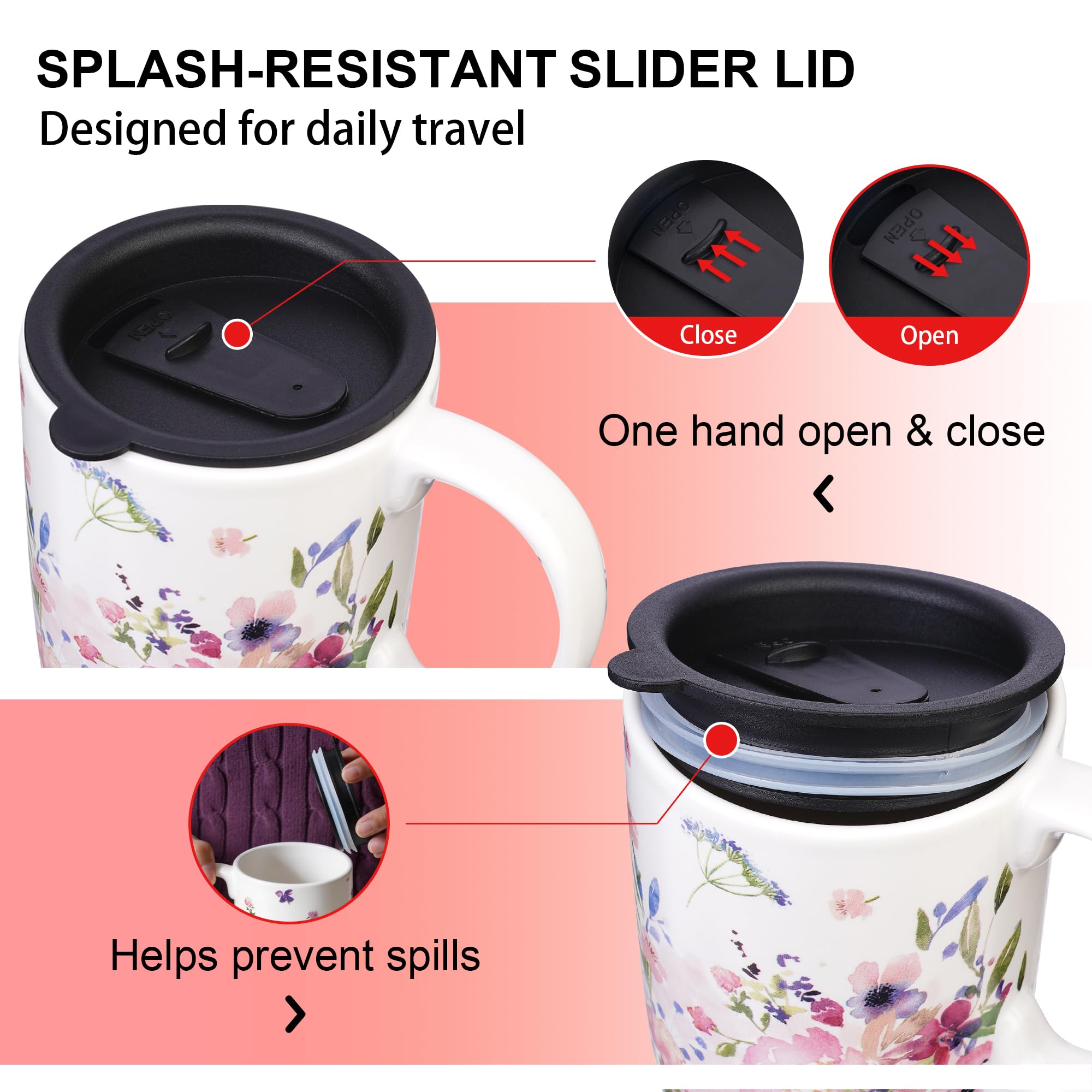 Topadorn Ceramic Mug with Lid Coffee Mug with Gift Box Latte Mug Coffee Cup,17oz.Pink Garden