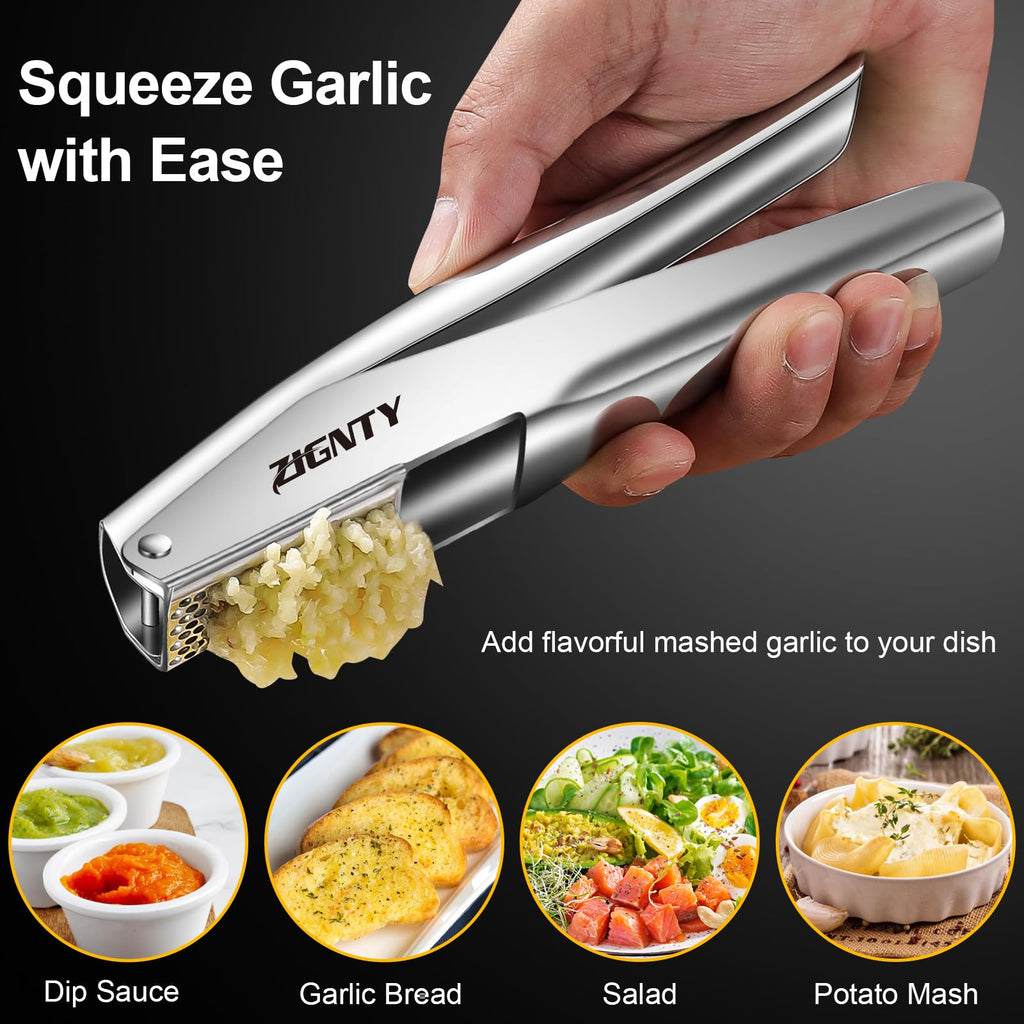 ZIGNTY Garlic Press Stainless Steel，Premium Garlic Mincer Tool，No Need to Peel Garlic Ginger Crusher & Masher Easy Squeeze Large Trough Ergonomic Handle，Rust Proof，Dishwasher Safe (5 Years Warranty)