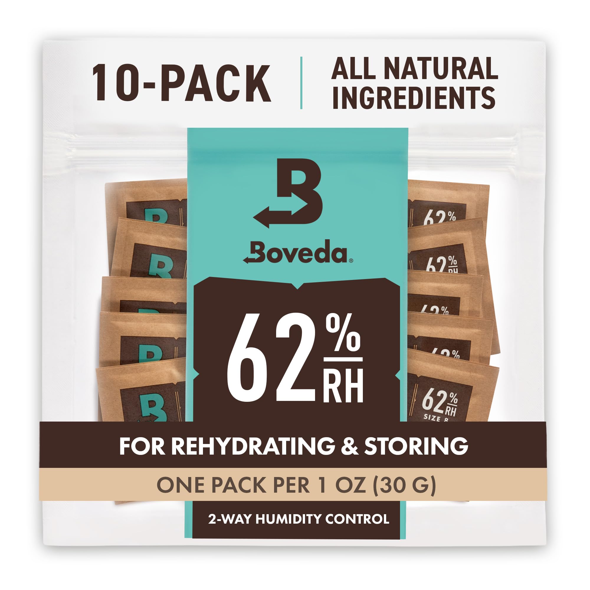 Boveda 62% RH Size 8-10 Pack Two-Way Humidity Control Packs-For Storing 1 oz of Botanicals-Moisture Absorber for Small Storage Containers-Humidifier Packs-Hydration Packets w/Resealable Bag
