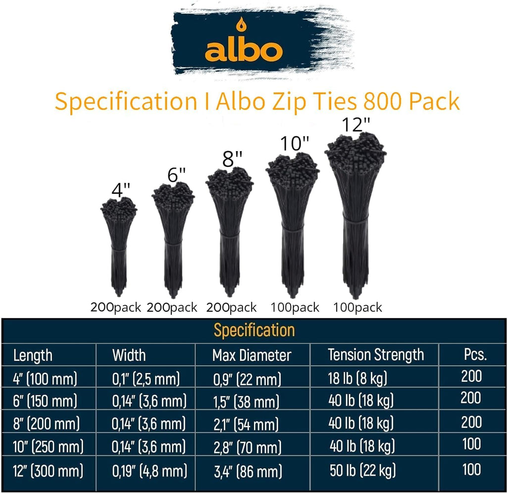 ALBO Black Zip Ties Assorted Sizes 800 Pack 4+6+8+10+12 Inch Plastic Black Cable Ties Wire Tie UV Resistant Nylon Tie Wraps Assorted Sizes