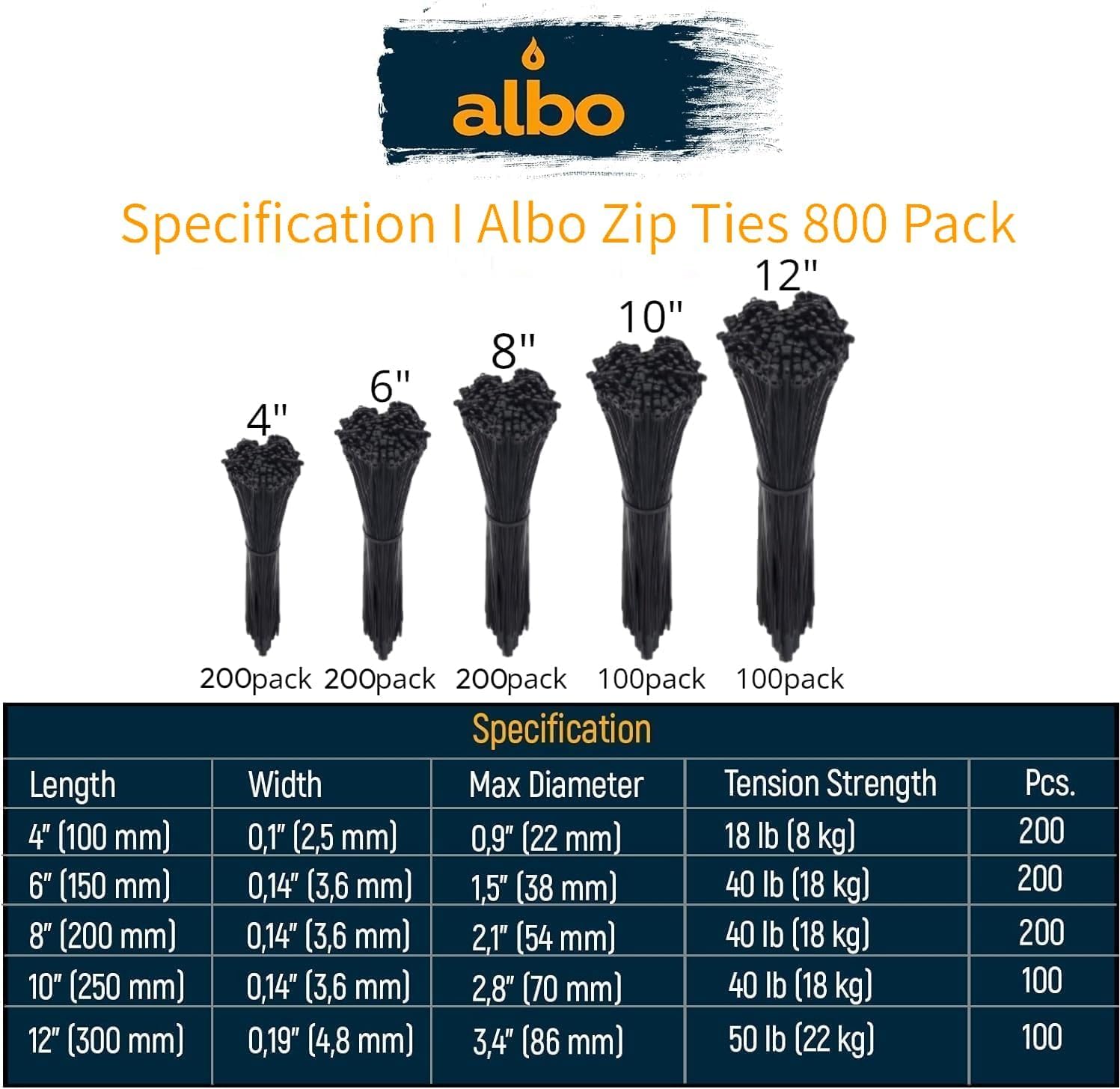 ALBO Black Zip Ties Assorted Sizes 800 Pack 4+6+8+10+12 Inch Plastic Black Cable Ties Wire Tie UV Resistant Nylon Tie Wraps Assorted Sizes