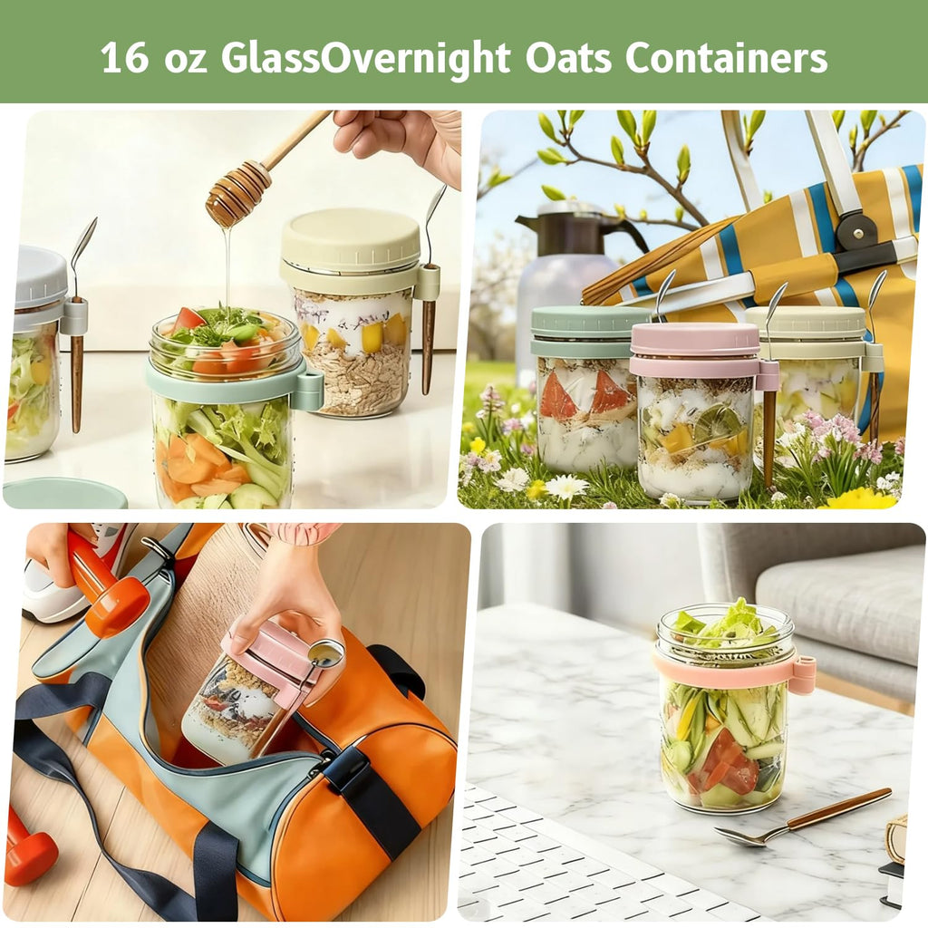 Oillase 4 Pack Overnight Oats Containers with Lids and Spoons, 16 oz Glass Mason Jars with Airtight Lids, Overnight Oats Jars for Milk, Cereal, Fruit