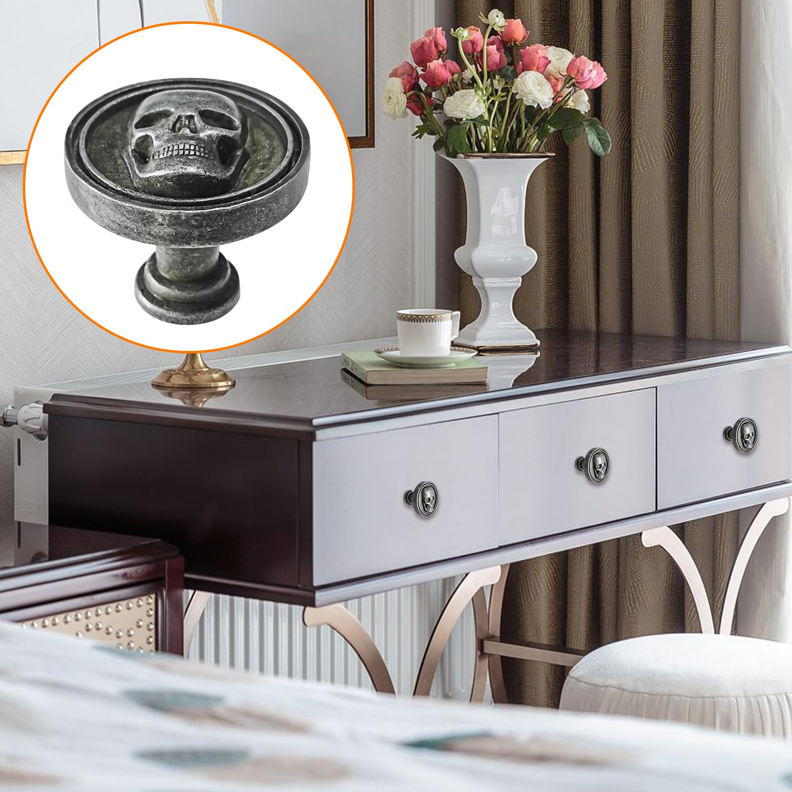 BAMI-LEE House 6PCS Vintage Skull Knob Skull Skeleton Cabinets Knobs Single Hole Cabinets Pulls Zinc Alloy Skull Drawer Knobs for Kitchen Drawer, Wardrobes, Bookcases, Dresser, Closets (Ancient tin)