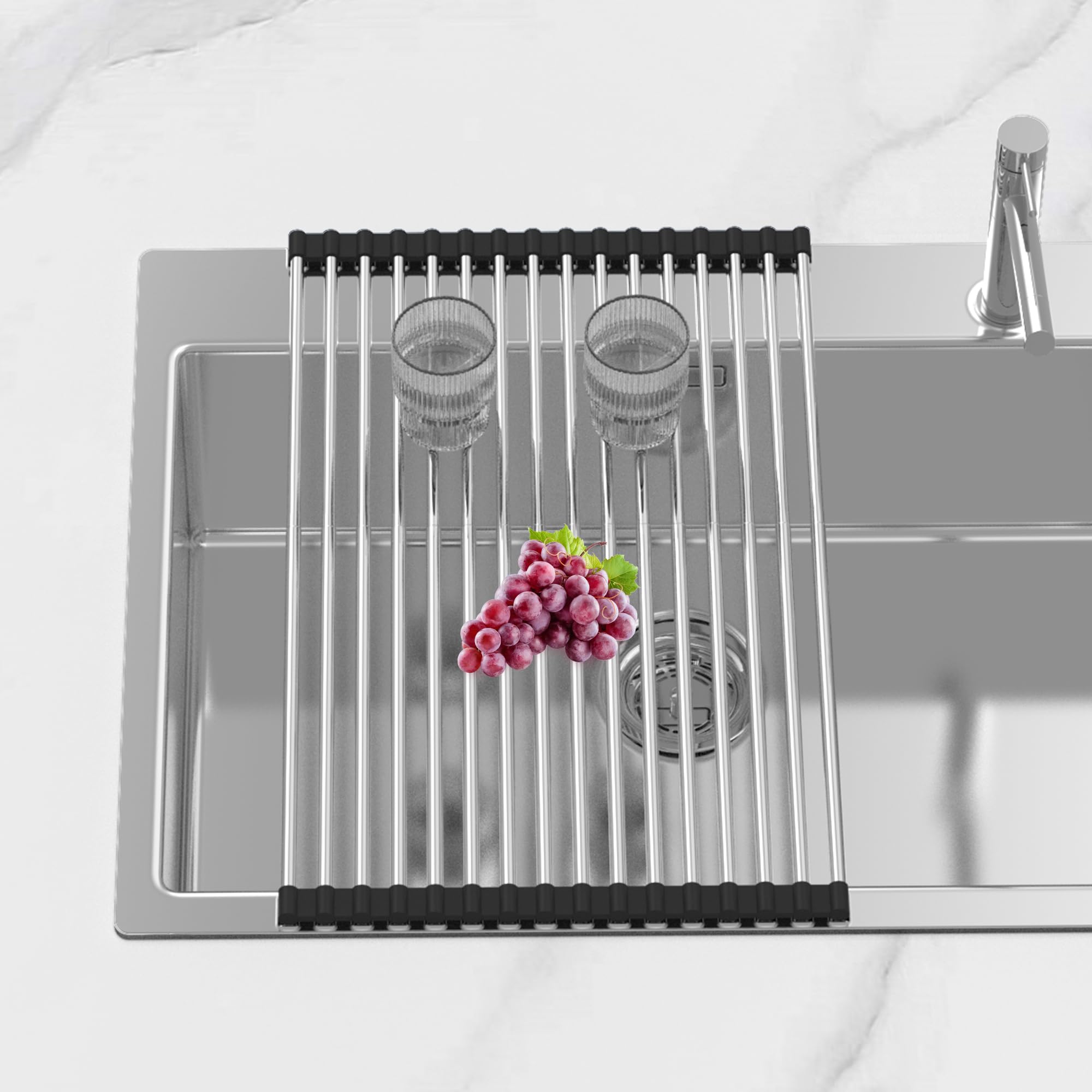 BBXTYLY Extra Large Expandable Roll Up Dish Drying Rack,Over The Sink Drying Rack Sink Cover Kitchen Sink Accessories Kitchen Rolling up Stainless Steel Drainer, Foldable,Rollable（Black，22.8''-12.4''）