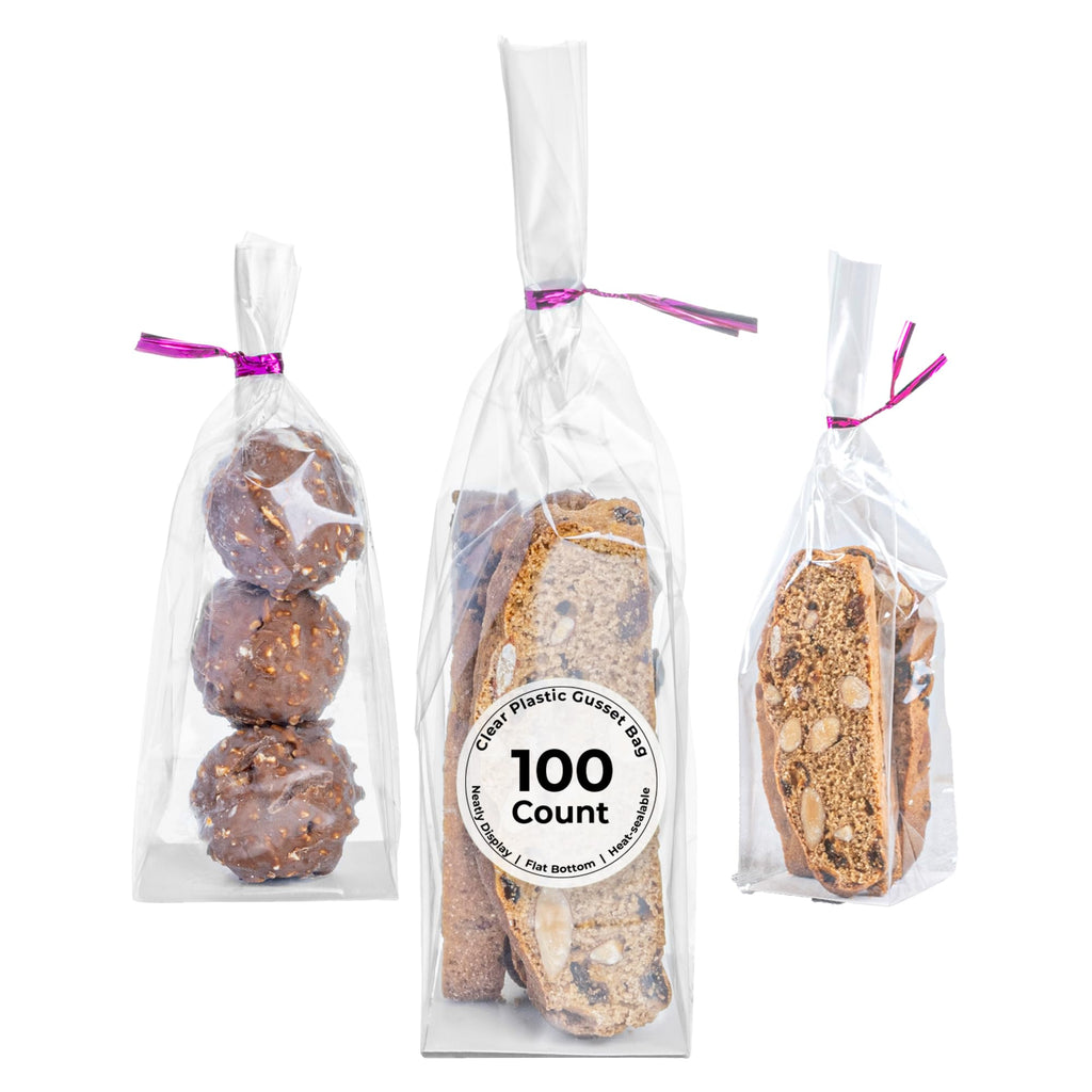 Restaurantware Plastic Treat Bags 100 Count 2 x 2 x 8.25 Inches Heat-Sealable Goodie Packaging Flat Bottom Design Clear