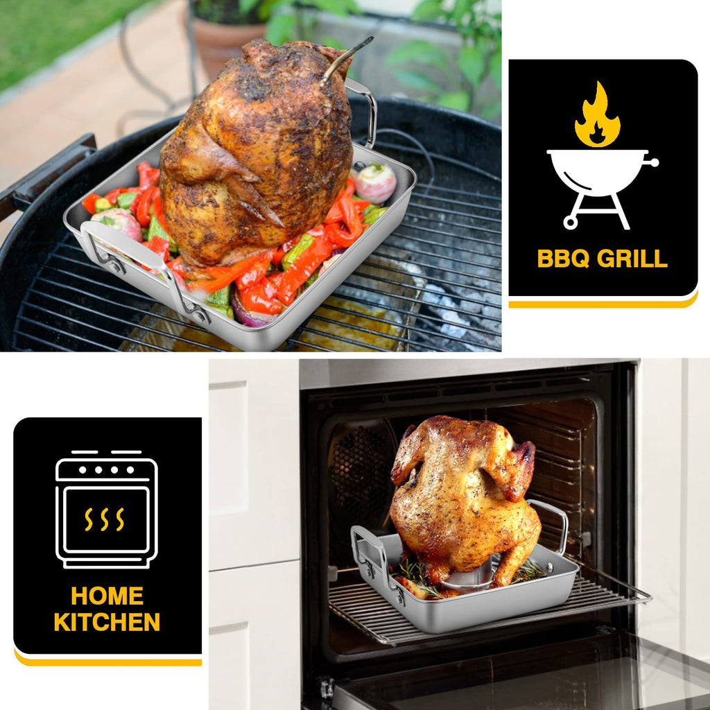 Roasting Pan with Rack, P&P CHEF Beer Can Chicken Roaster 9-inch Stainless Steel Baking pan with Vertical Rack, for Baking Grilling Smoker, Rivet Handle & Thick Wire, Heavy Duty & Dishwasher Safe