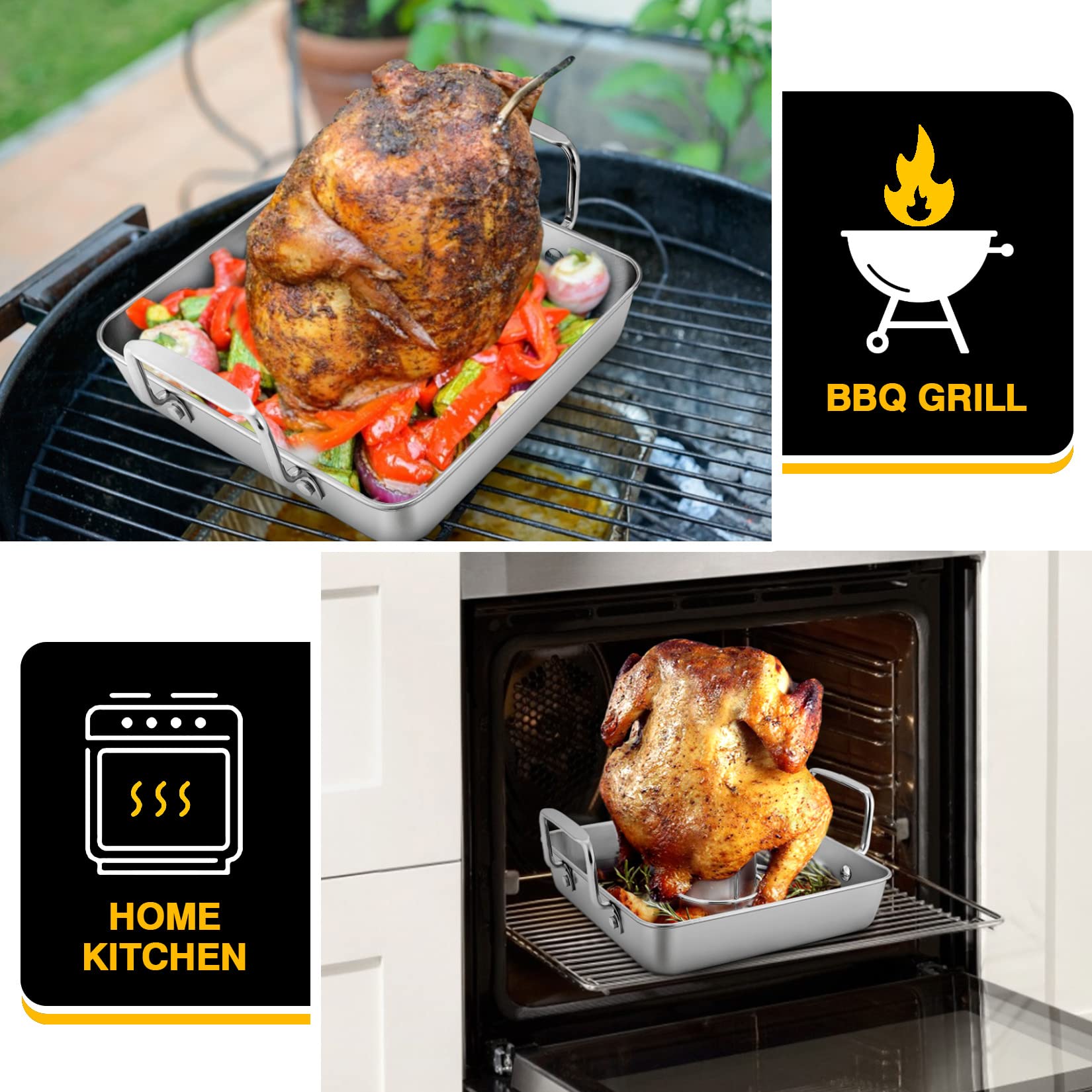 Roasting Pan with Rack, P&P CHEF Beer Can Chicken Roaster 9-inch Stainless Steel Baking pan with Vertical Rack, for Baking Grilling Smoker, Rivet Handle & Thick Wire, Heavy Duty & Dishwasher Safe