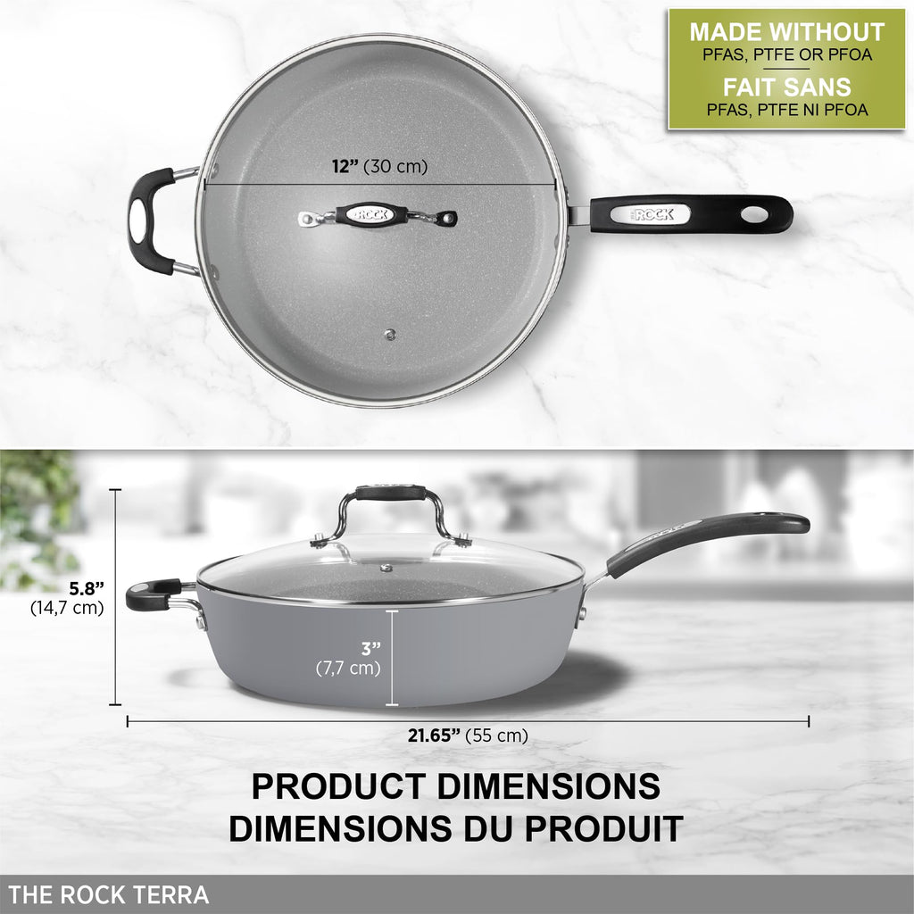 Starfrit The Rock Terra 30cm (12'') Ceramic Non-Stick Deep Fry Pan with Lid - Thick Aluminium Base - PFAS Free - Easy to Clean - Grey