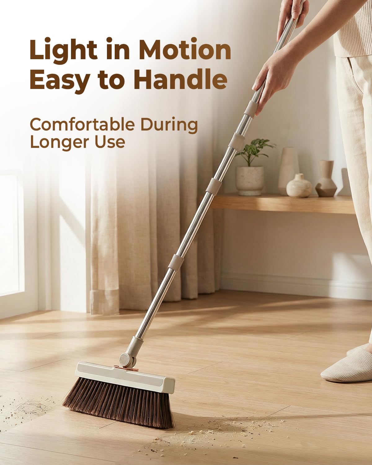 INDCAN Broom and Dustpan Set for Home, 52 Inch Long Handle Upright Broom, Rotatable Broom Head with Magnetic Mount & Self-Cleaning Teeth Comb, Indoor Floor Sweeping Set (Santra Pro) - Sandstone Beige