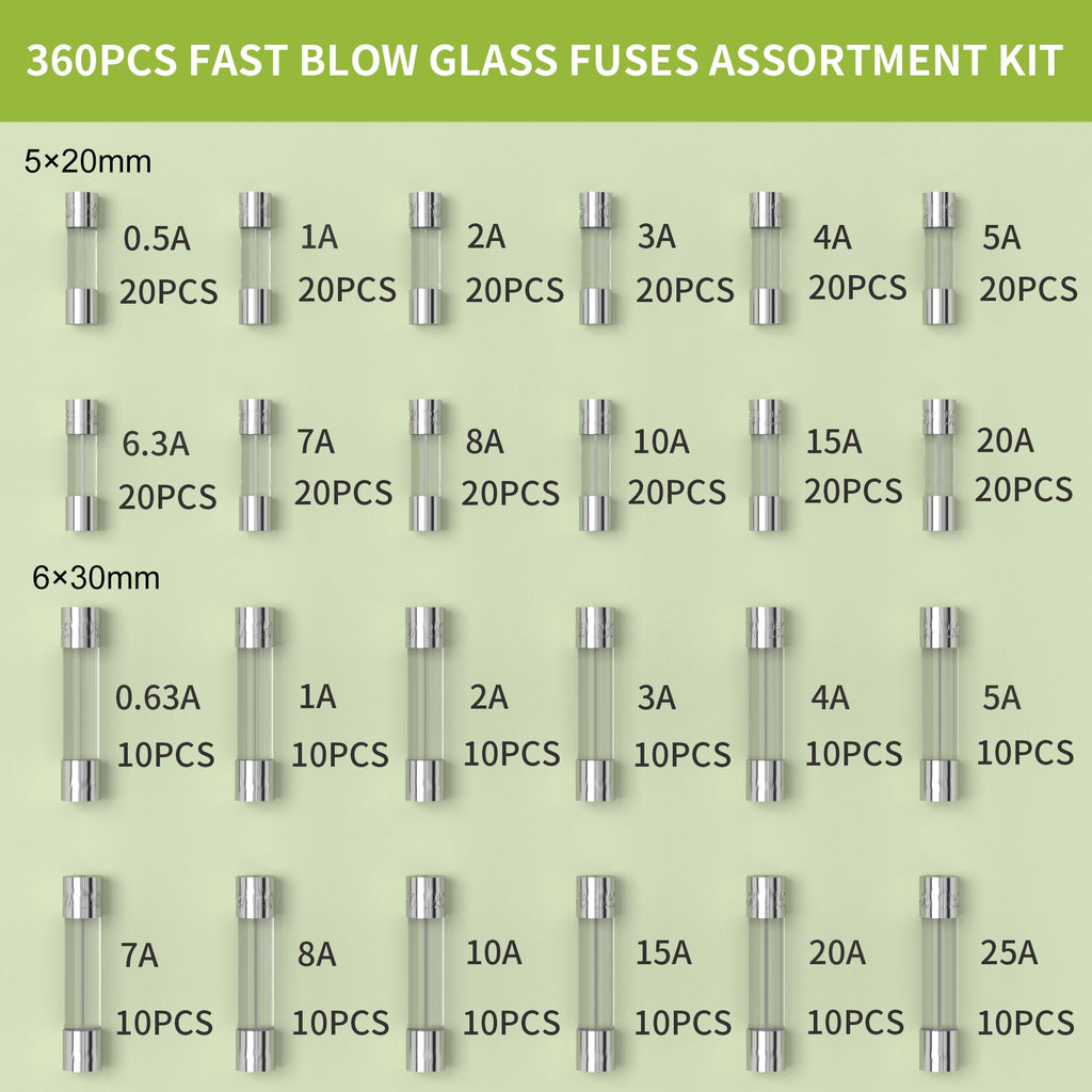 Joinfworld 360Pcs Fast Blow Glass Fuses Assortment Kit 24 Values Auto Fuses Assortment Kit 250V 0.5A 0.63A 1A 2A 3A 4A 5A 6.3A 7A 8A 10A 15A 20A 25A 5x20mm & 6x30mm Glass Tube Fuses