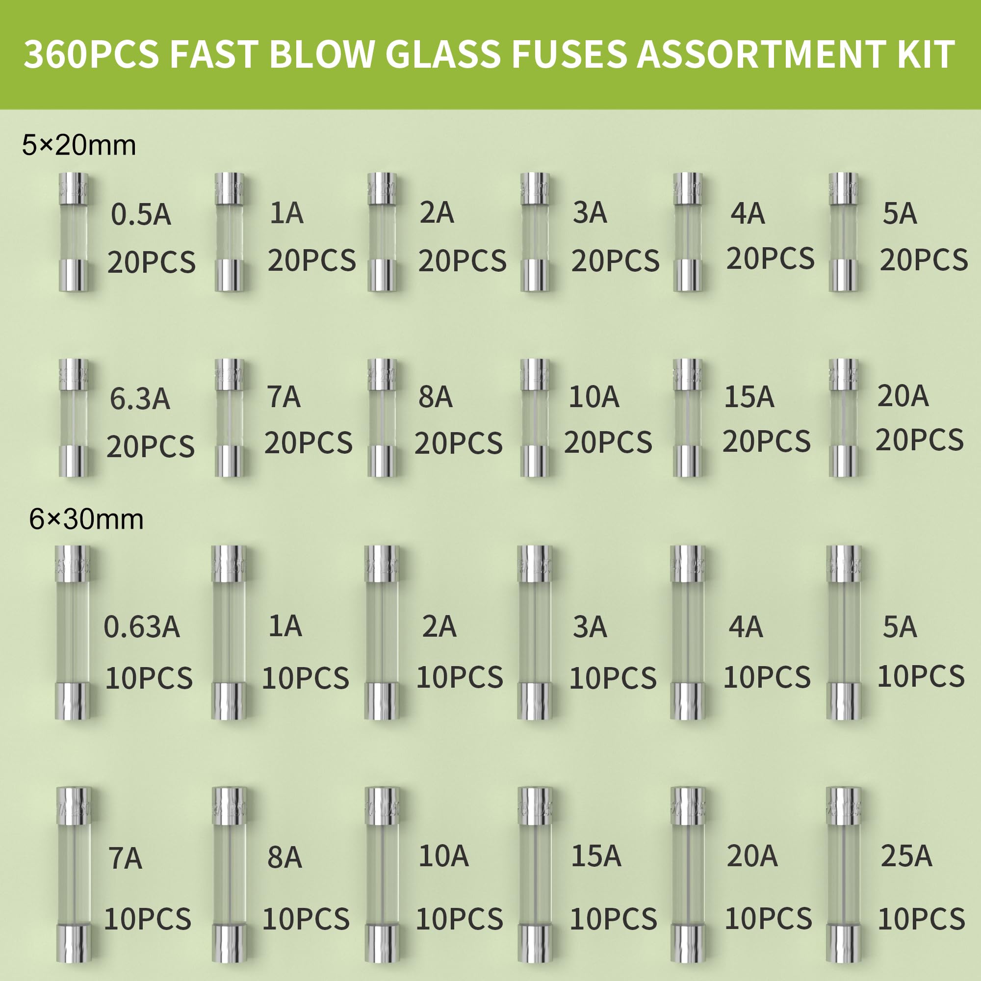 Joinfworld 360Pcs Fast Blow Glass Fuses Assortment Kit 24 Values Auto Fuses Assortment Kit 250V 0.5A 0.63A 1A 2A 3A 4A 5A 6.3A 7A 8A 10A 15A 20A 25A 5x20mm & 6x30mm Glass Tube Fuses