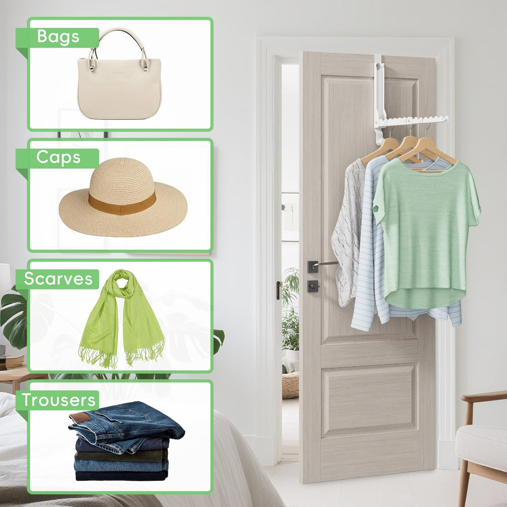 Over The Door Hooks, Extended Over The Door Clothes Hanger with 10 Ridges,Space-Saving Over The Door Rack,Door Hooks for Hanging Clothes,Larger Capacity Over The Door Hanger (1, White-up)