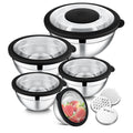 E-far Mixing Bowls Set of 5, Stainless Steel Salad Mixing Bowl with Transparent Lid, Metal Nesting Bowl Attach with 3 Graters for Kitchen Prepping/Serving/Baking/Storage, 4.6/2.6/1.5/1/0.7 QT - Black