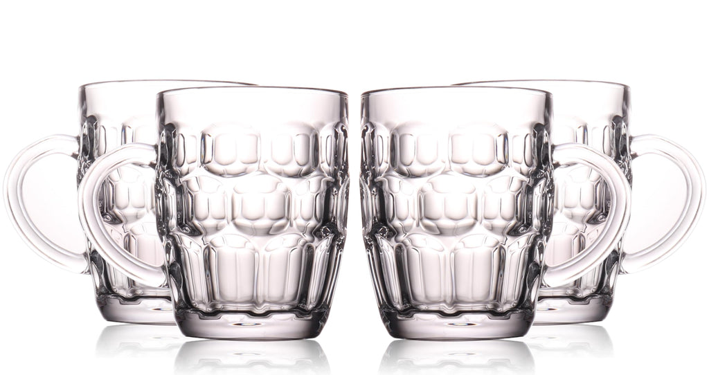 BothEarn 1 Pint Dimpled Beer Mug Set of 4 - Heavy British Pub Thick Glass with Handle - Stein Cup for Beer Lover in Home Party BBQ