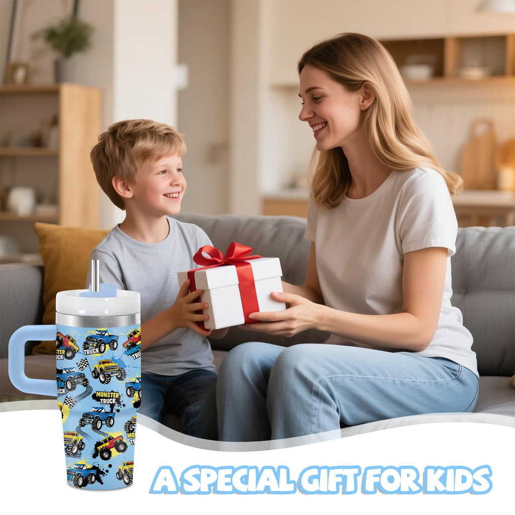 Monster Truck Tumbler with Handle for Kids 14oz, Insulated Stainless Steel Monster Trucks Mug Cup for Boys, Birthday Christmas Gifts for School, Sports