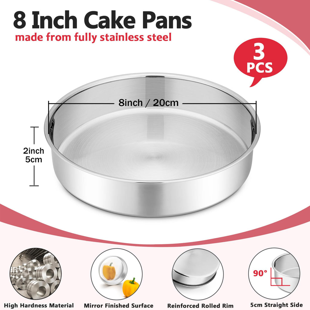 P&P CHEF 8 Inch Cake Pan Set, 3 Pcs Round Baking Pans Stainless Steel Layer Birthday Wedding Cake Pans, Fit Oven/Pots/Pressure Cooker, Non Toxic & Heavy Duty, Dishwasher Safe