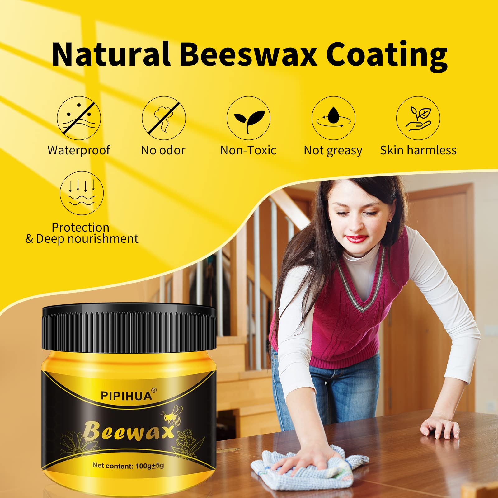 PIPIHUA Beeswax Furniture Polish, Wood Seasoning Beeswax for Furniture Waterproof & Repair Wood Wax for Floors Cabinets to Protect & Care, 4pcs Wax Polish with 8pcs Sponges
