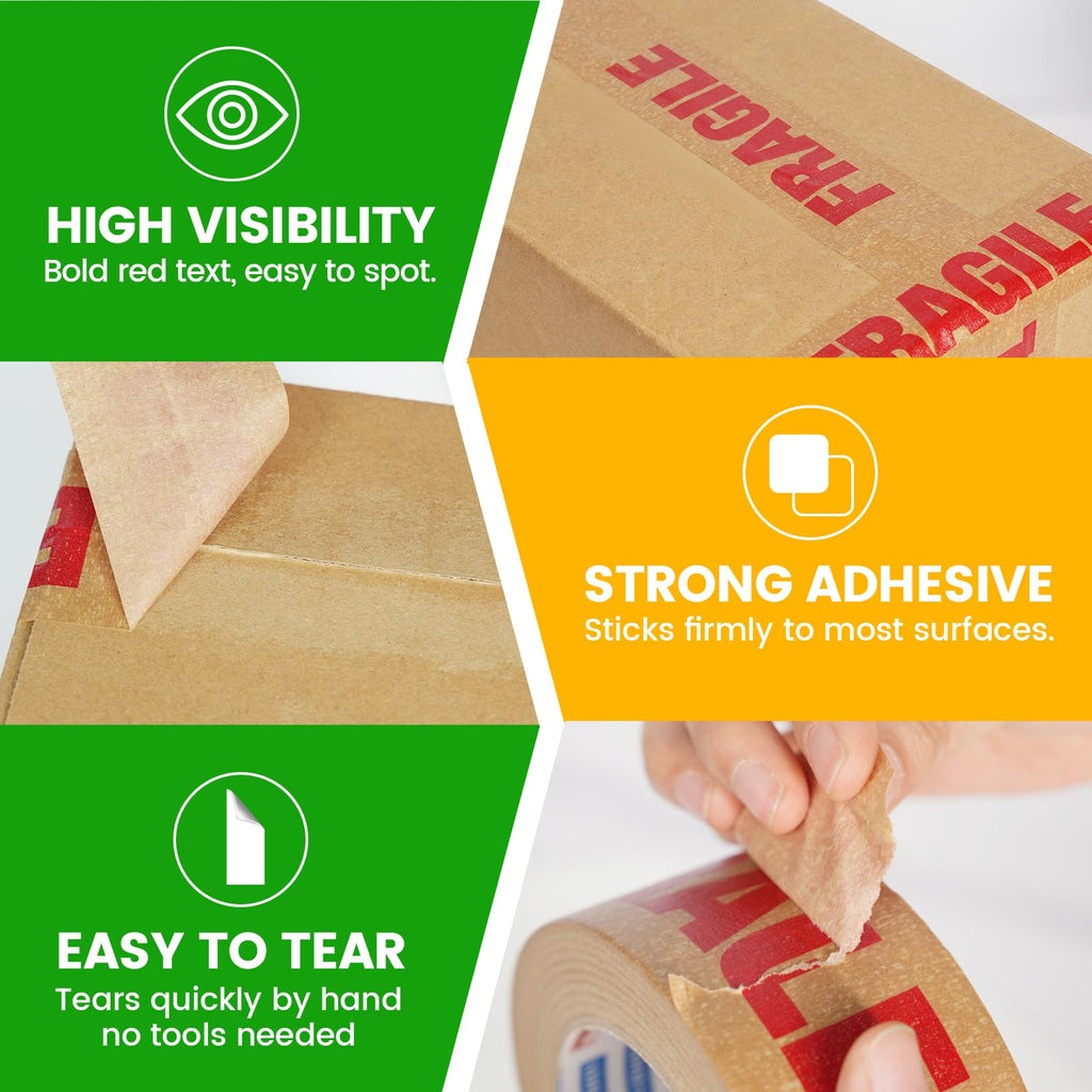 ADHES Fragile Tape Kraft Paper Tape - 2in x 55yds, 3 Rolls, Strong Adhesive, Eco-Friendly Biodegradable Paper Packing Tape for Shipping & Moving, Heavy Duty Protection for Fragile Items