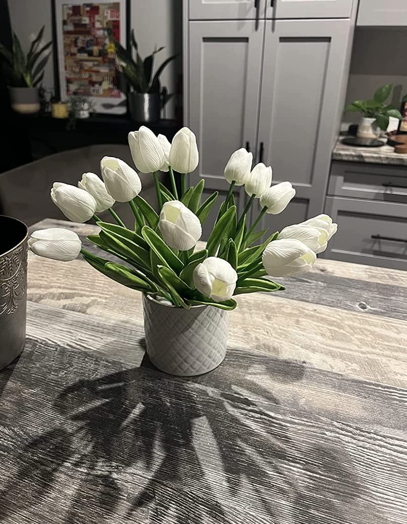 DecoForU 15 Pcs Artificial Flowers Tulips Real Touch Fake Flowers Tulips Flowers Arrangement Bouquet for Home Room Office Wedding Party Decoration(WH) (White)