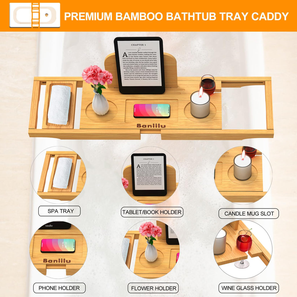 Premium Bamboo Bathtub Tray Caddy - Bath Tray Adjustable - Bathroom Trays for Bathtub,Expandable Size, Fits Most Bath Tubs