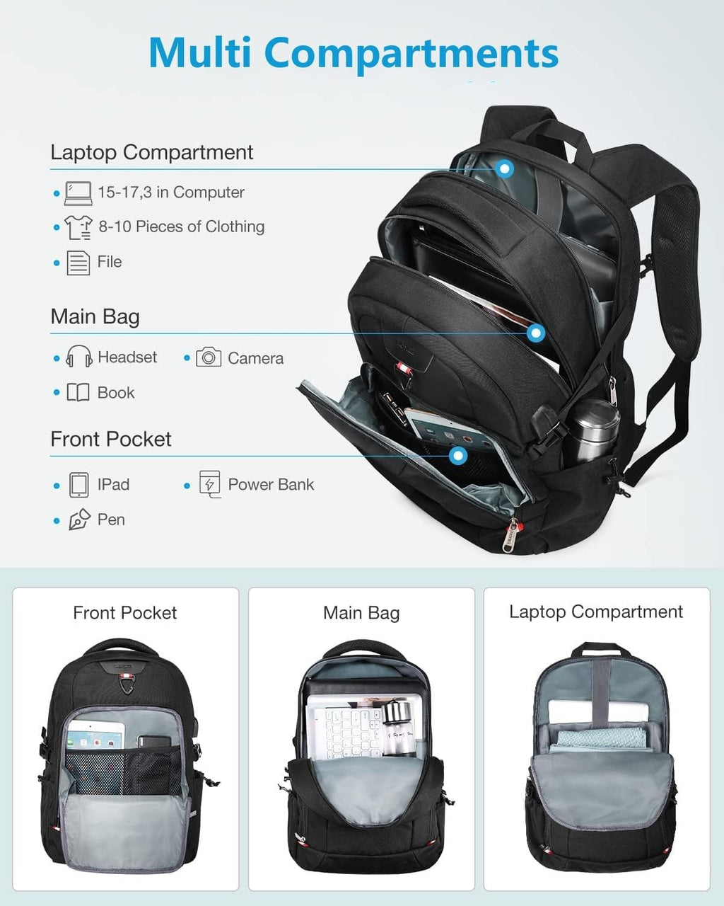 HOMIEE 17.3 Inch Travel Backpack, Large Capacity Breathable Loptop Backpack, Backpack with USB Charging Port for Business Travel School, Black