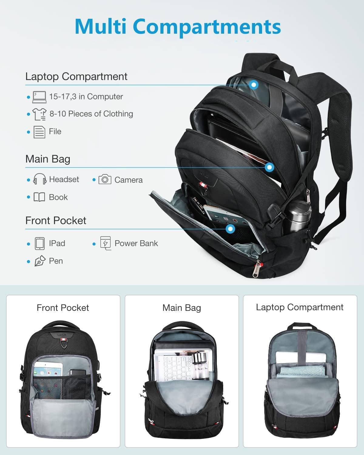 HOMIEE 17.3 Inch Travel Backpack, Large Capacity Breathable Loptop Backpack, Backpack with USB Charging Port for Business Travel School, Black