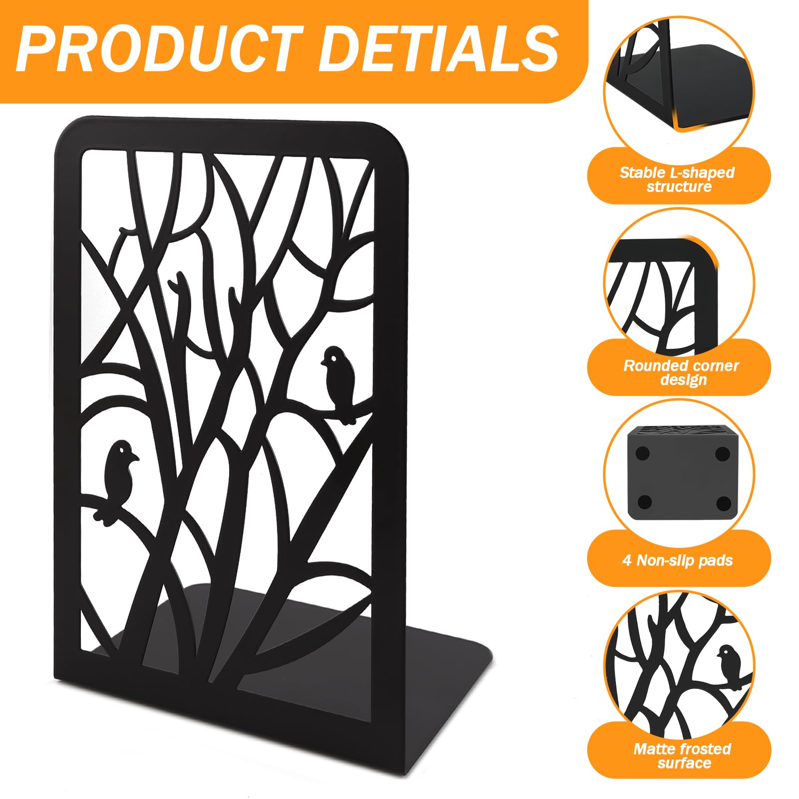 Cyrico Book Ends, 3 Pairs Metal Tree Bookend Holders for Shelves, Heavy Duty Organizer Decorative Book End Stoppers for Home Office School, 6.6 x 4.7 x 3.5 Inch, Black