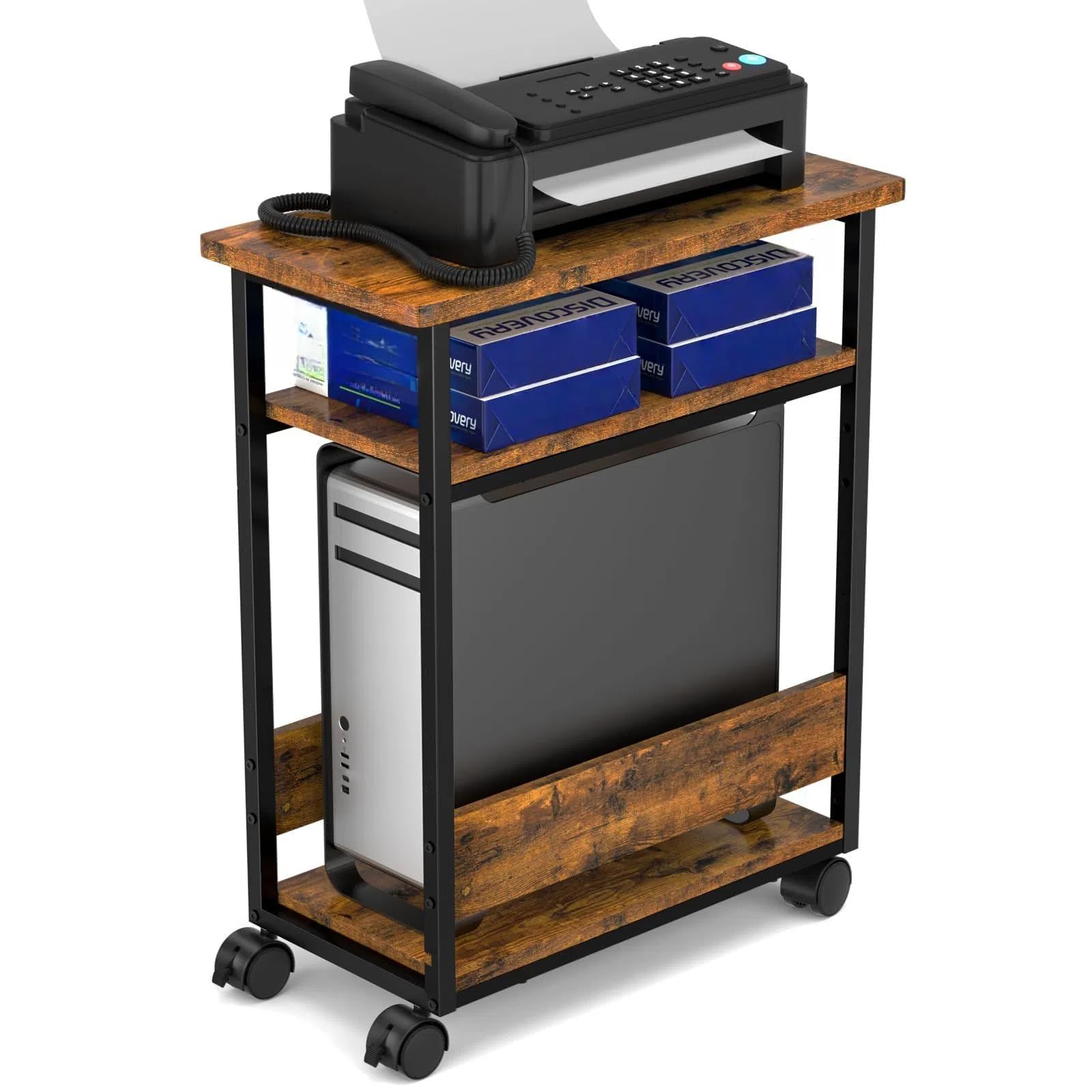 Mobile Printer Stand, 3-Tier Printer Cart Under Desk with Storage, Industrial Rolling Cart, Sturdy Little Table on Wheels