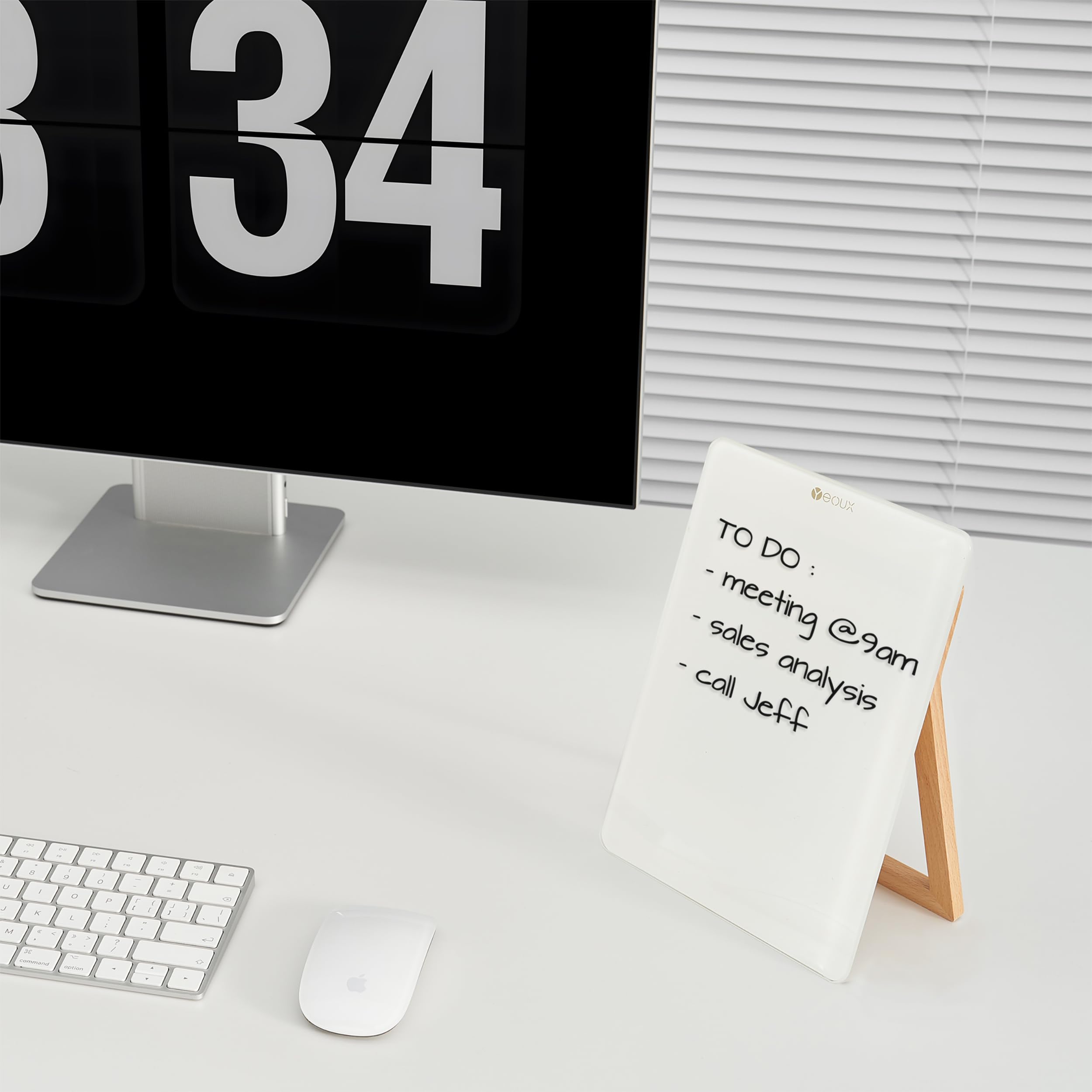 Desktop Glass Whiteboard with Reversible Wood Stand, Small White Board, Mini Dry Erase Whiteboard Easel for Desk, Reusable Desk Notepad 9.5"x6.7" for Home, Office, Accessories Included, Yeoux