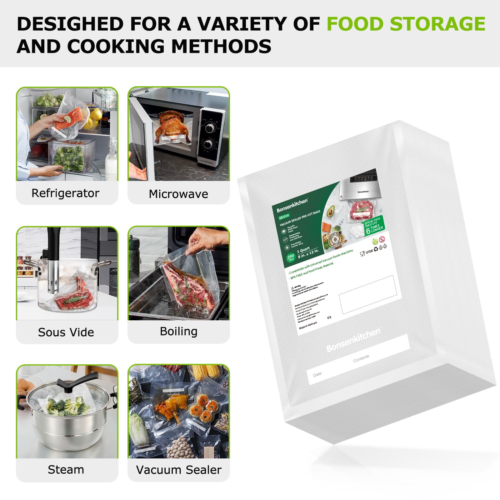 Bonsenkitchen Vacuum Food Sealer Bags 200 Quart 8" x 12", BPA Free, Commercial Grade Textured Food Vacuum Sealer Bag, Thick Embossed Bags for Food Storage and Sous Vide Cooking VB3208