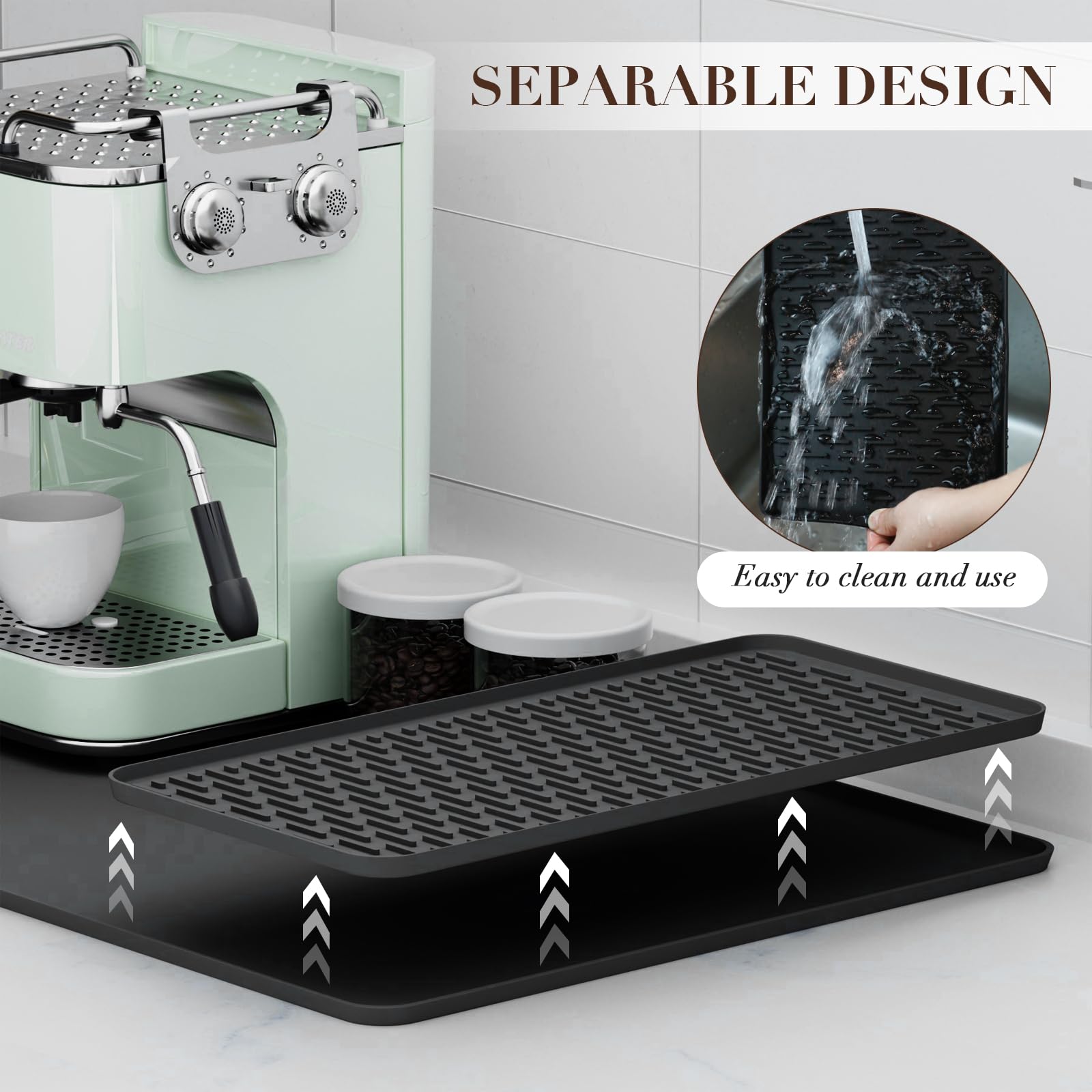 Silicone Coffee Mat,24''x16'' Coffee Bar Mat with Detachable Dish Drying Mat for Kitchen Countertops,Coffee Bar Accessories Fit Under Coffee Maker Coffee Machine Dish Rack (Black)