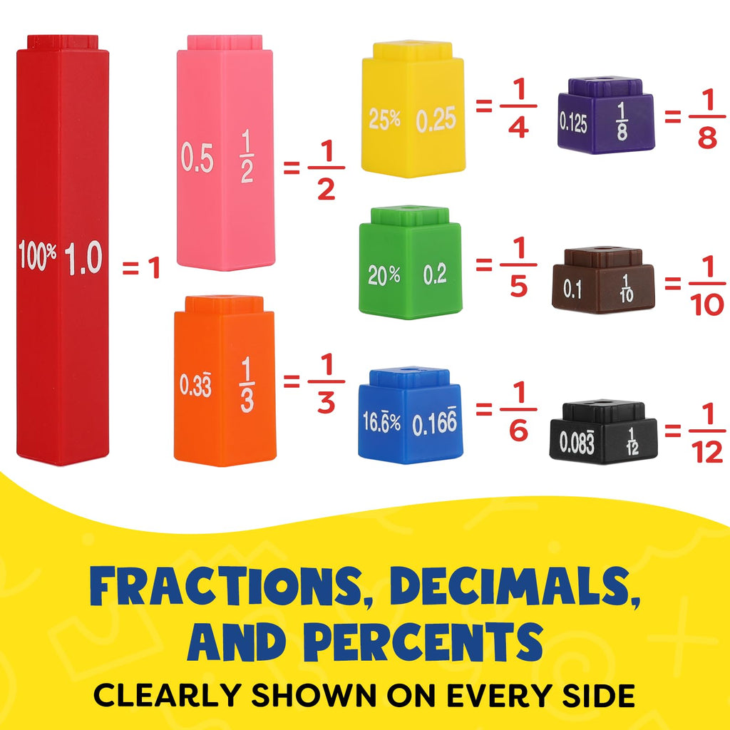 Aizweb Interlocking Fraction Cubes Activity Set - Math Manipulatives for Elementary School, Equivalent Fraction Manipulatives, Percents Cubes, Decimals Cubes, Homeschool Supplies