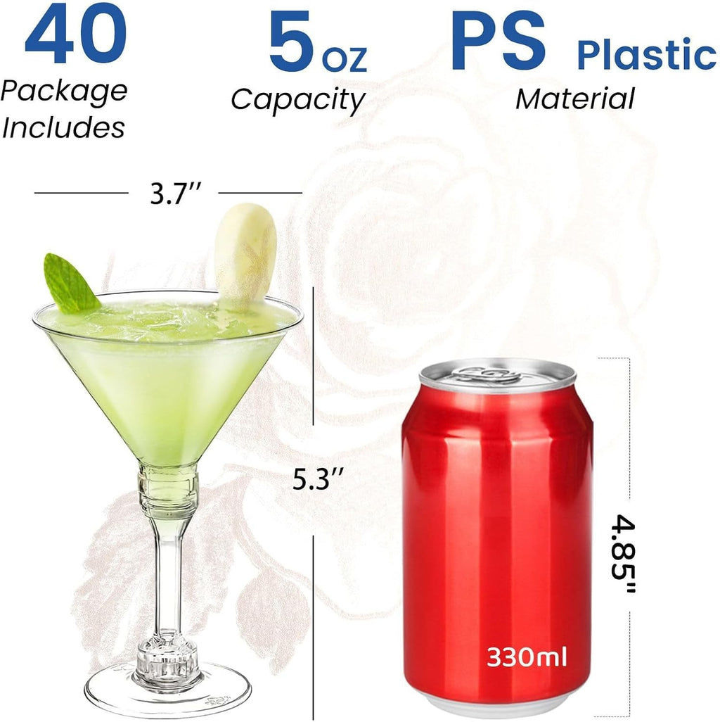 Disposable Martini Glasses,5 Oz,40-Pack,Cocktail Glasses,Plastic Margarita Glasses,Plastic Cocktail Cups for Parties and Events