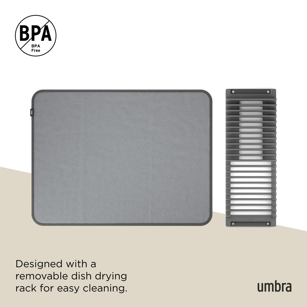Umbra Udry Dish Rack and Microfiber Drying Mat – Space-Saving Design Folds Up for Easy Storage, Basic Rack, Dark Grey