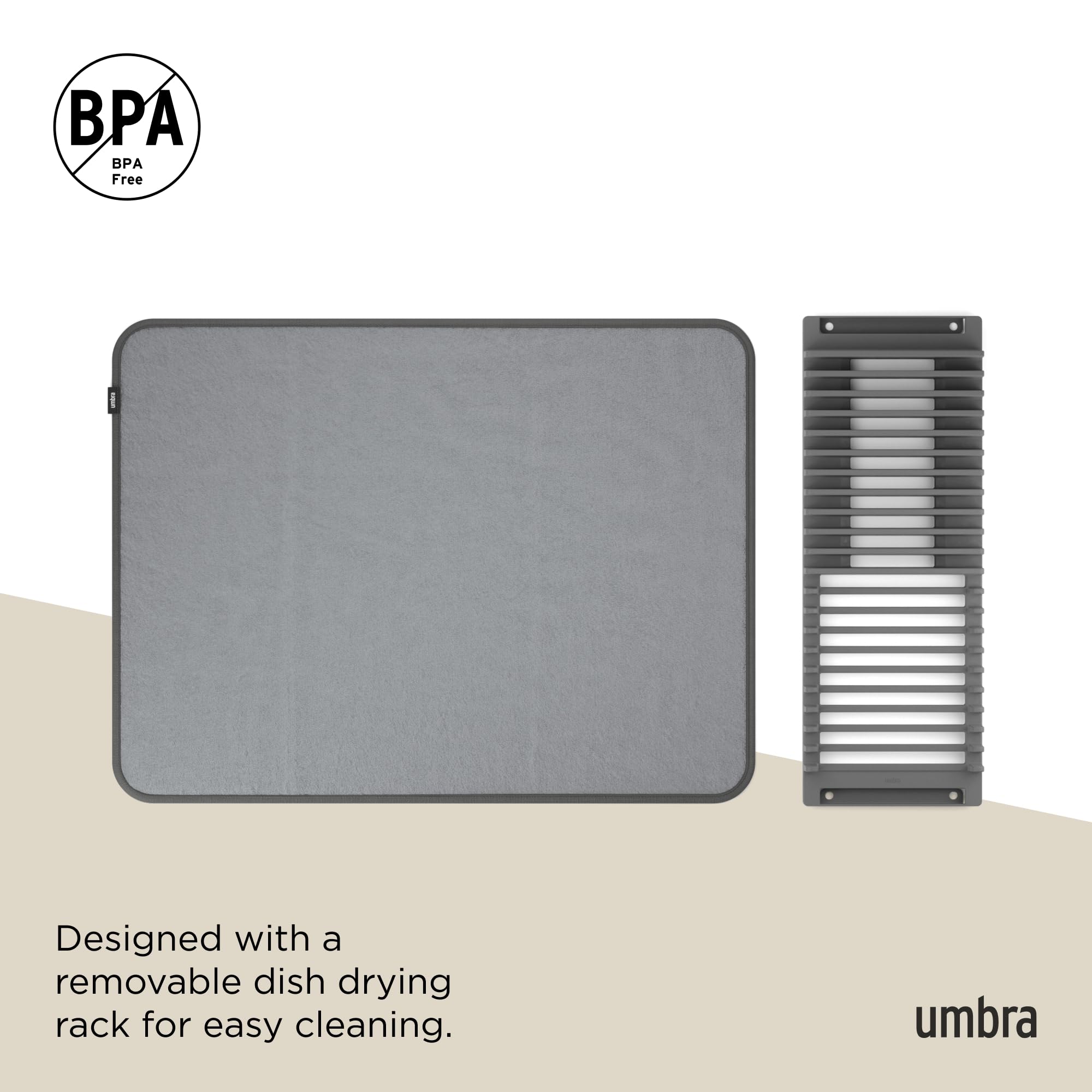 Umbra Udry Dish Rack and Microfiber Drying Mat – Space-Saving Design Folds Up for Easy Storage, Basic Rack, Dark Grey