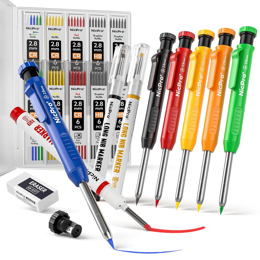 Nicpro 6 Pack CP1000 Carpenter Pencils with Sharpener, 66 Refills with 3 PCS Deep Hole Long Nib Marker Pens, Ceramics Glass Multi-Material Surface Woodworking Tools Construction for Architect Marking