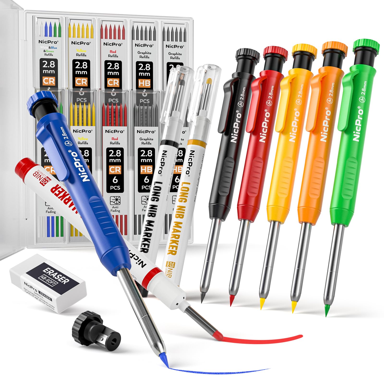Nicpro 6 Pack CP1000 Carpenter Pencils with Sharpener, 66 Refills with 3 PCS Deep Hole Long Nib Marker Pens, Ceramics Glass Multi-Material Surface Woodworking Tools Construction for Architect Marking
