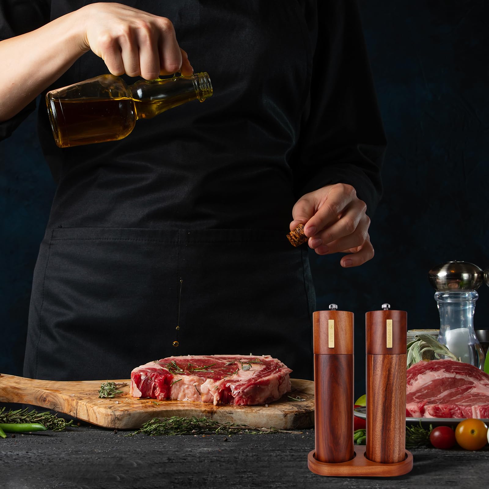 2 Set Wood Salt and Pepper Grinder 8 Inch Manual Salt and Pepper Mill with Tray Adjustable Coarseness Refillable Grinder with Gold Bottle Label Smooth and Quality Grinding Mechanism for Kitchen
