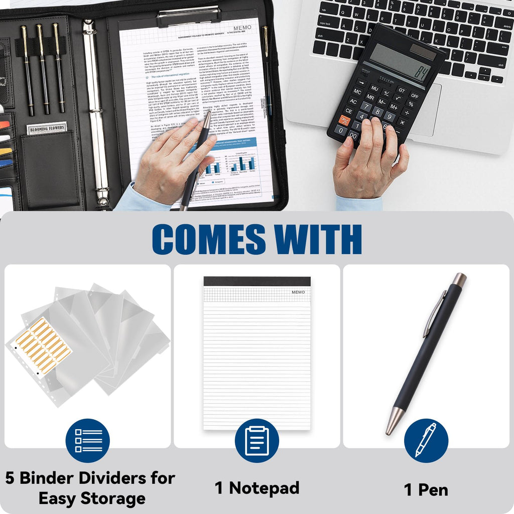 NATISERAUM Padfolio with Handle, Portfolio Binder 3-Ring, Zipper Binder for Business School, Vegan Leather Portfolio for Students with Notepad Includes 5 Sheet Protectors for Documents Files and 1 Pen