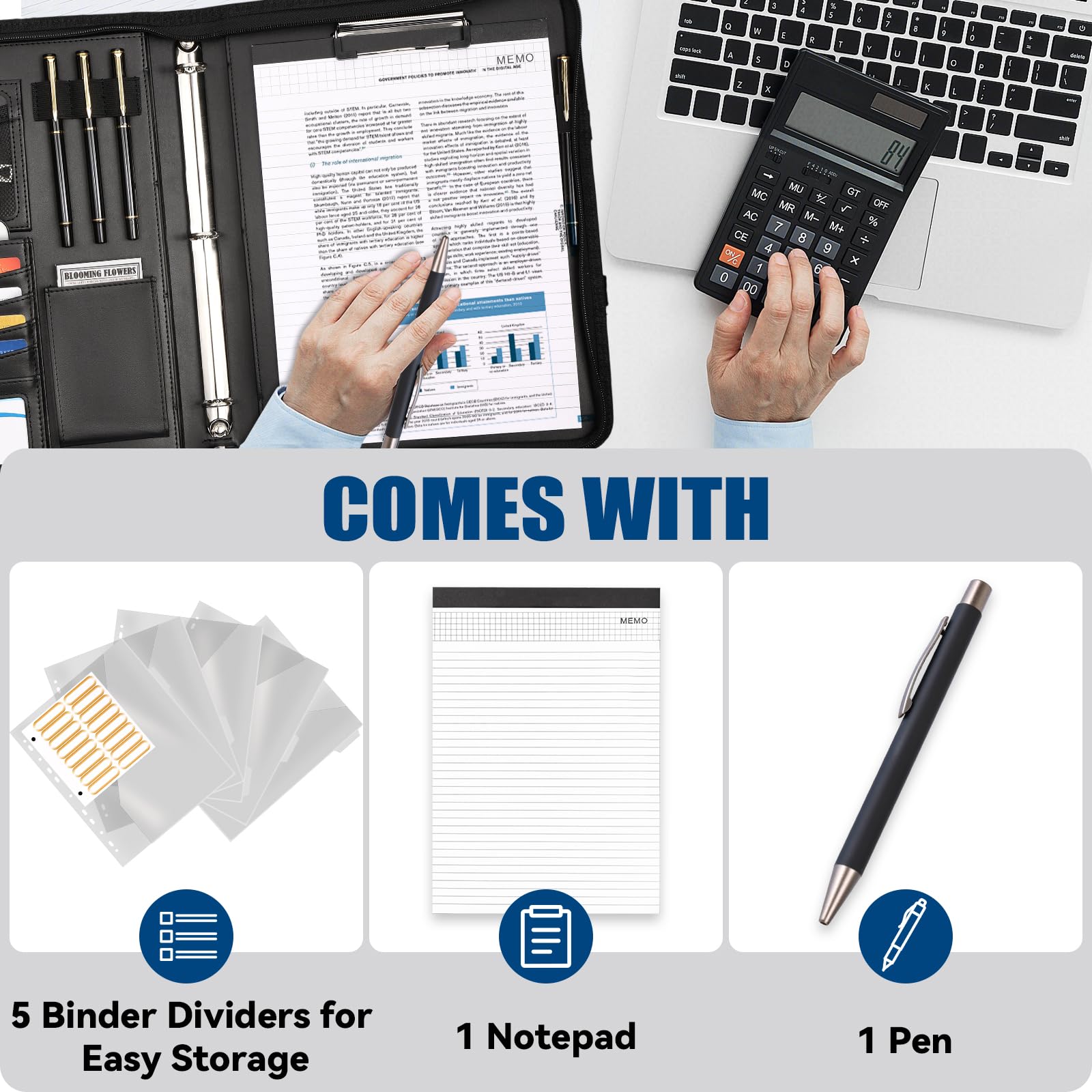 NATISERAUM Padfolio with Handle, Portfolio Binder 3-Ring, Zipper Binder for Business School, Vegan Leather Portfolio for Students with Notepad Includes 5 Sheet Protectors for Documents Files and 1 Pen